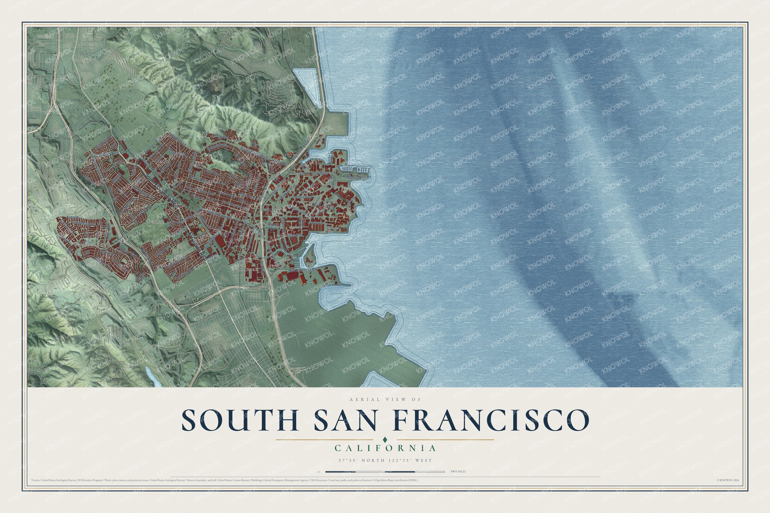Full map of South San Francisco, California, with red buildings, printed street names and the land around them