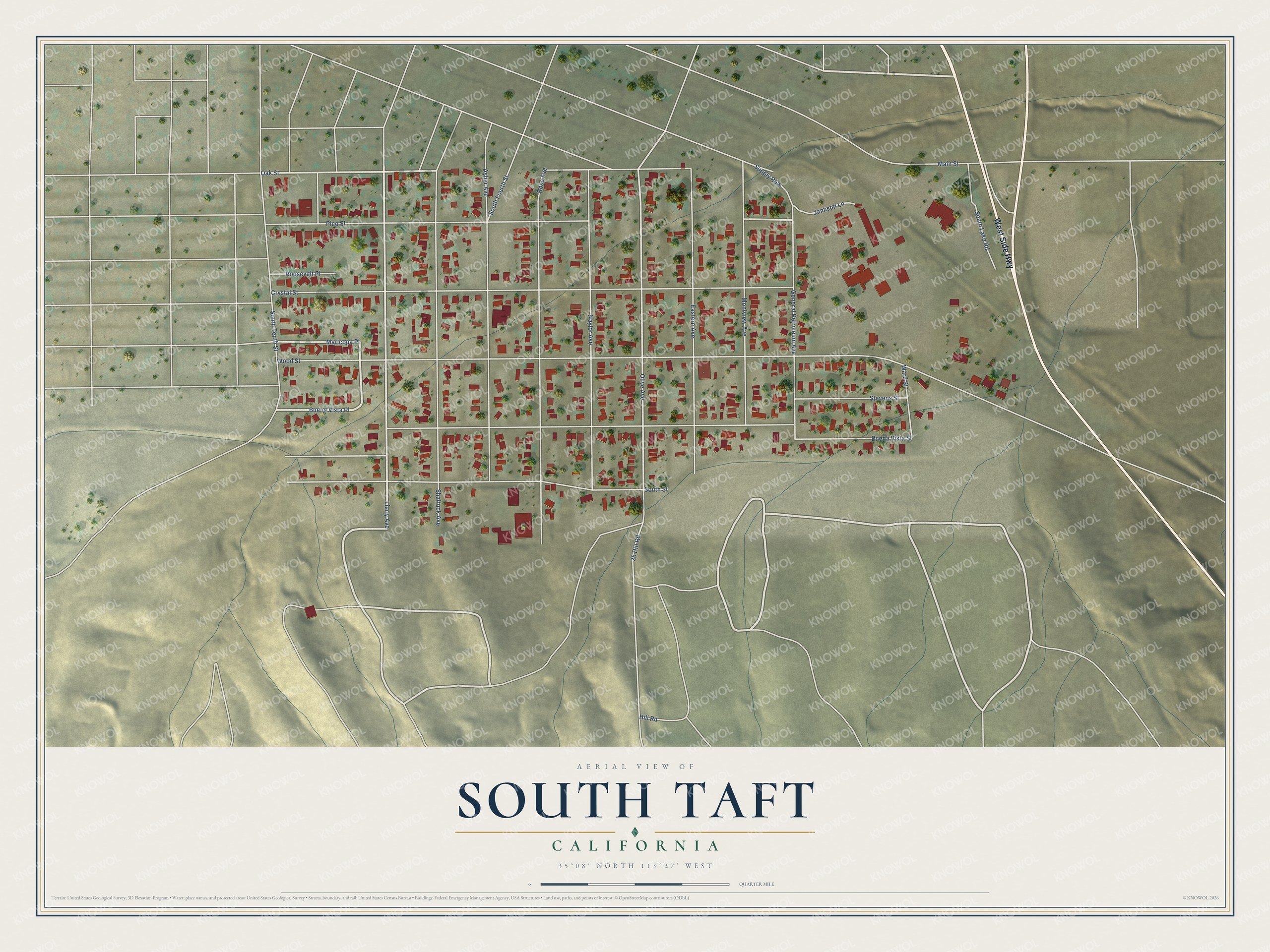 Full map of South Taft, California, with red buildings, printed street names and the land around them