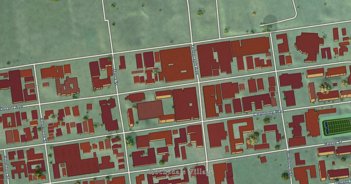 Close-up of streets and buildings in Southside, California