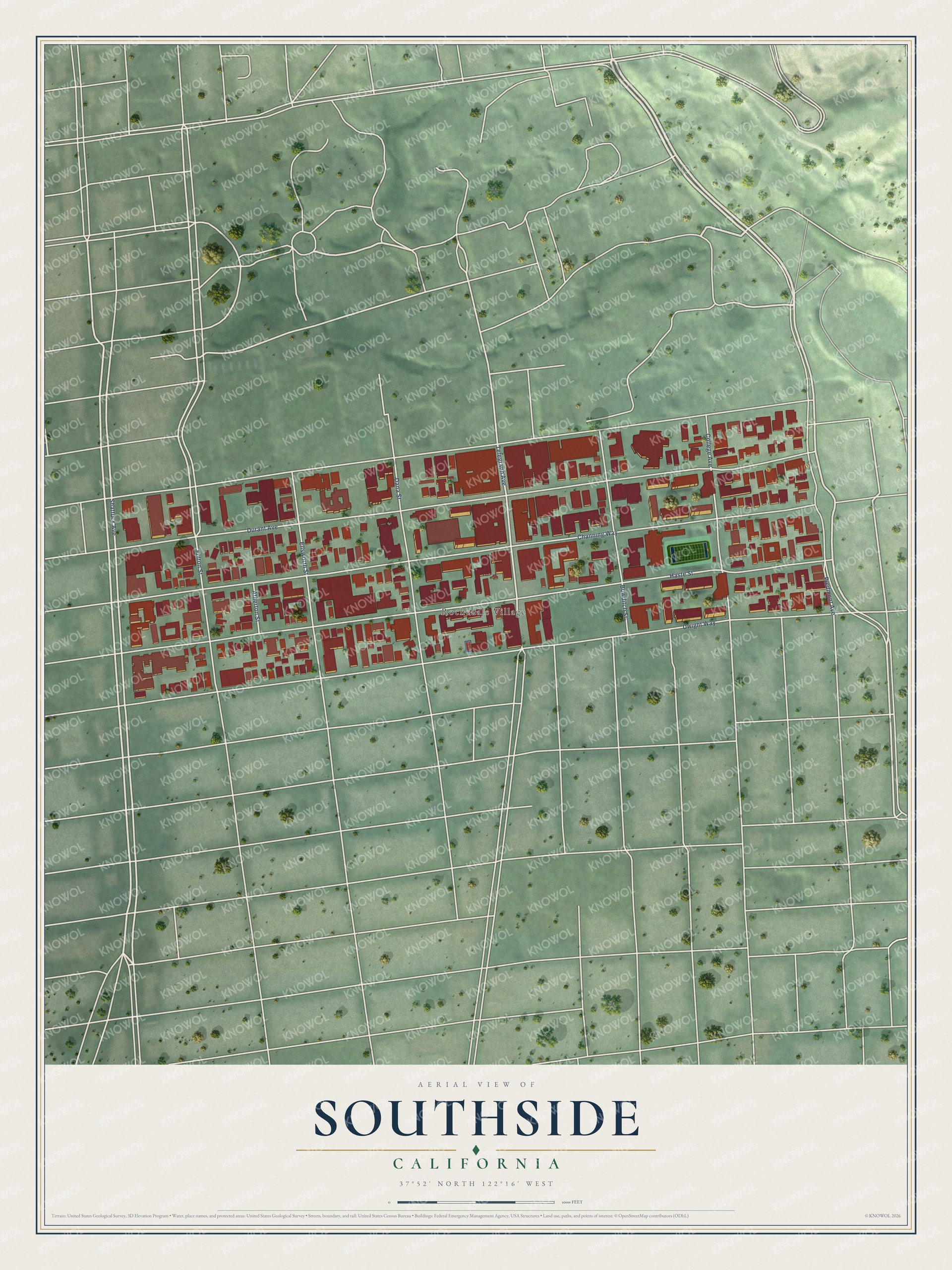Full map of Southside, California, with red buildings, printed street names and the land around them