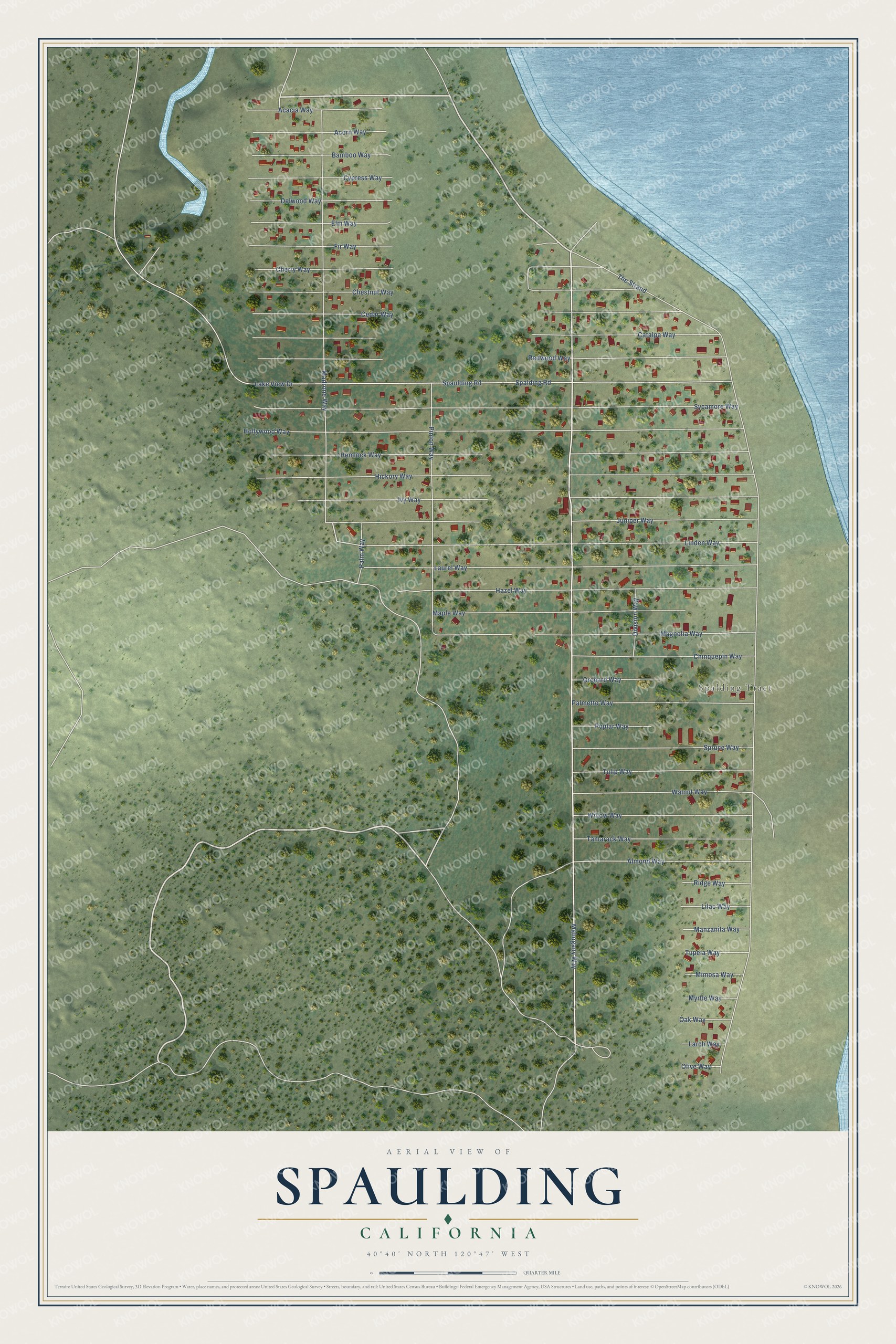 Full map of Spaulding, California, with red buildings, printed street names and the land around them