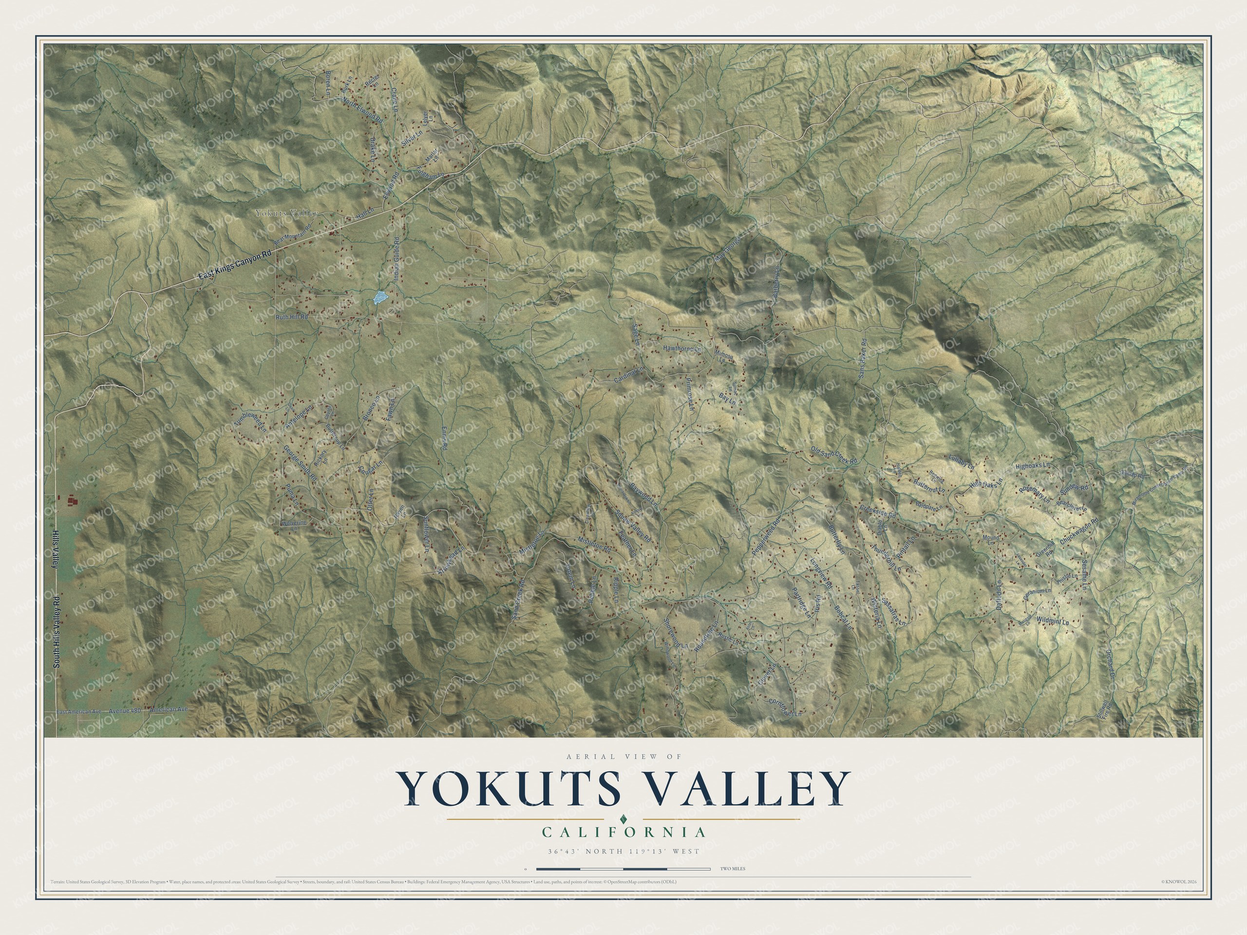 Full map of Yokuts Valley, California, with red buildings, printed street names and the land around them