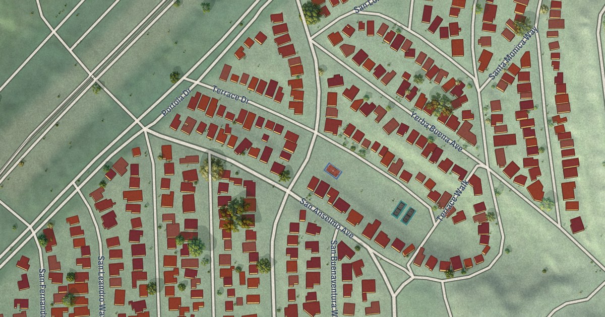 Close-up of streets and buildings in St. Francis Wood, California