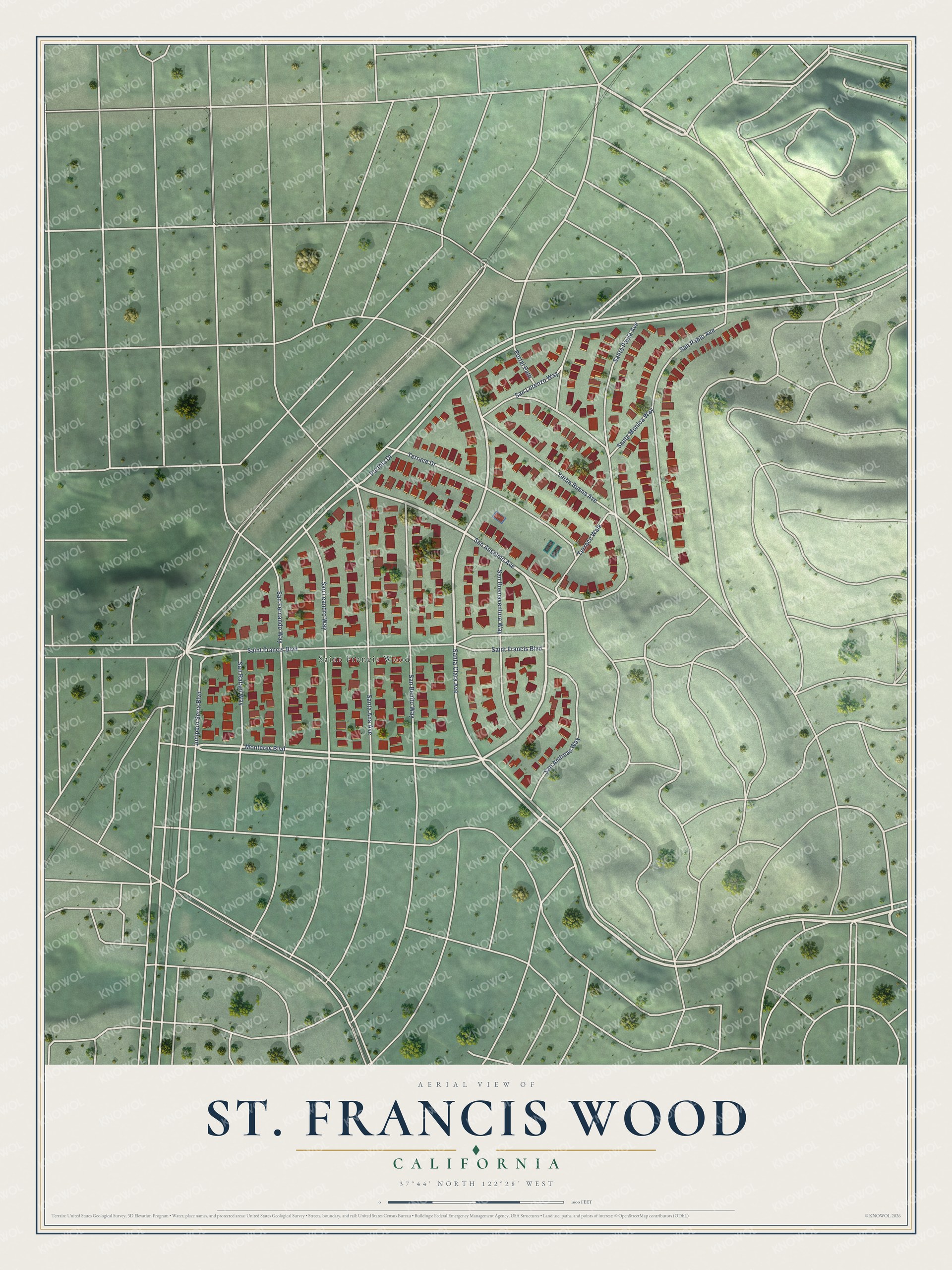Full map of St. Francis Wood, California, with red buildings, printed street names and the land around them