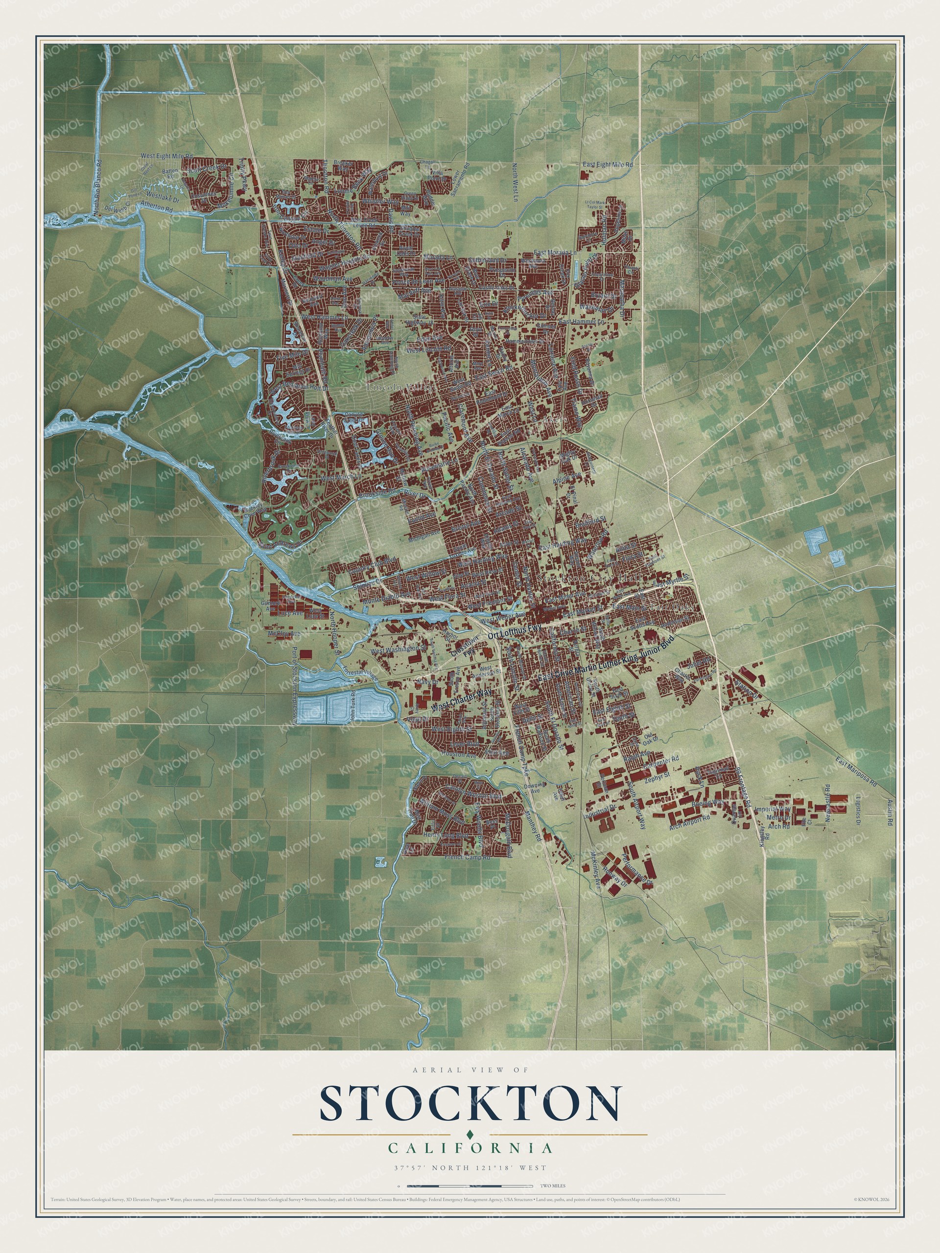 Full map of Stockton, California, with red buildings, printed street names and the land around them