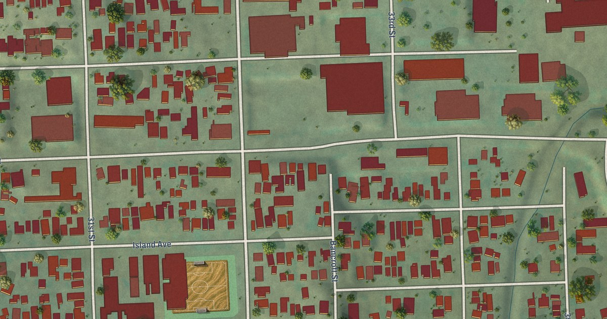 Close-up of streets and buildings in Stockton, San Diego, California