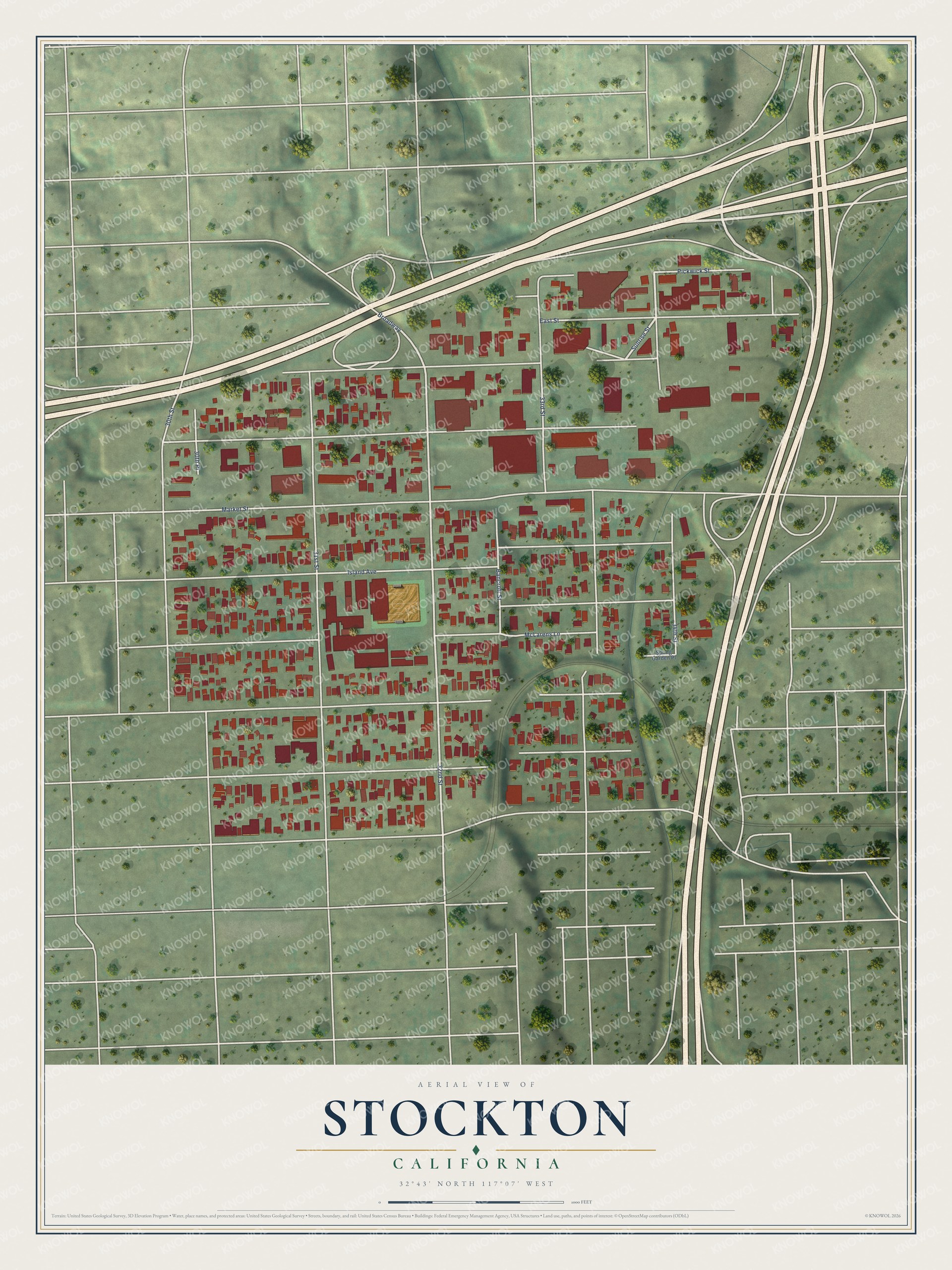 Full map of Stockton, California, with red buildings, printed street names and the land around them