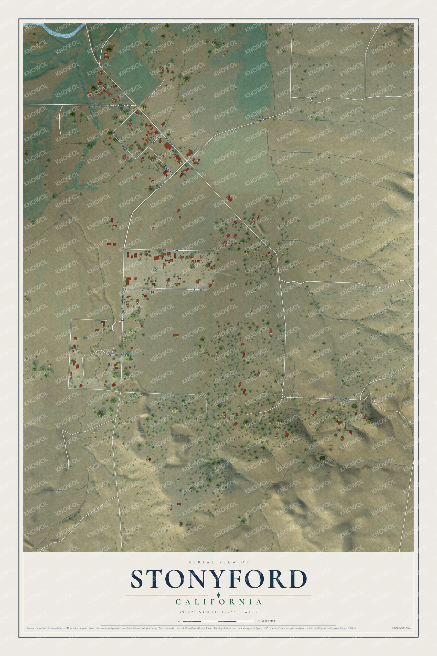 Full map of Stonyford, California, with red buildings, printed street names and the land around them