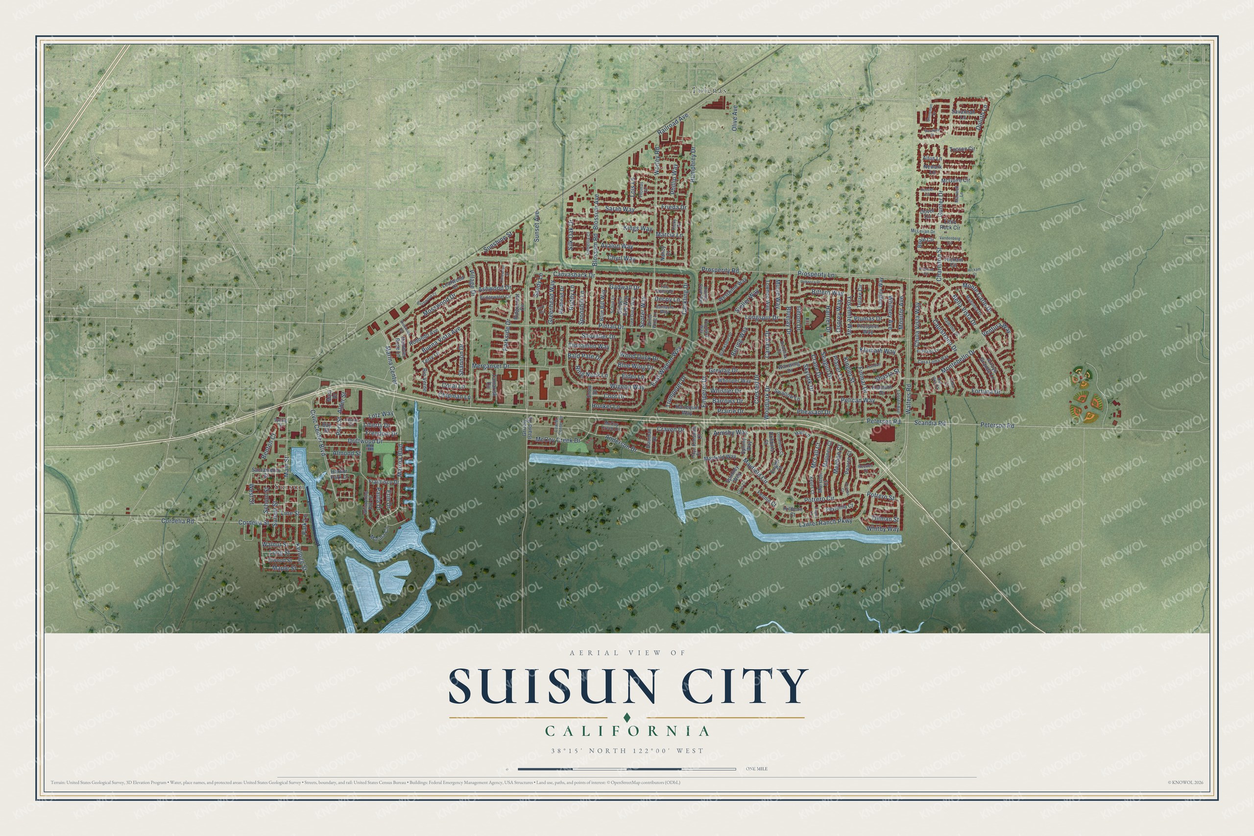 Full map of Suisun City, California, with red buildings, printed street names and the land around them