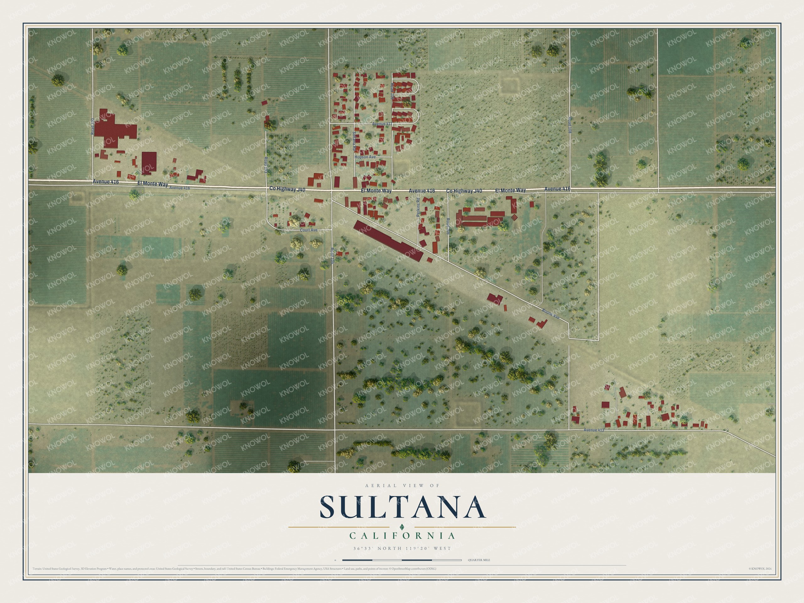 Full map of Sultana, California, with red buildings, printed street names and the land around them