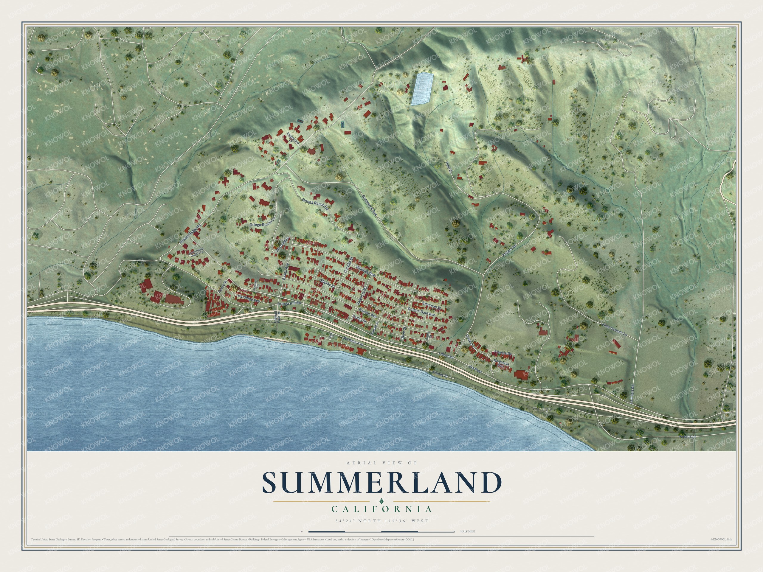 Full map of Summerland, California, with red buildings, printed street names and the land around them