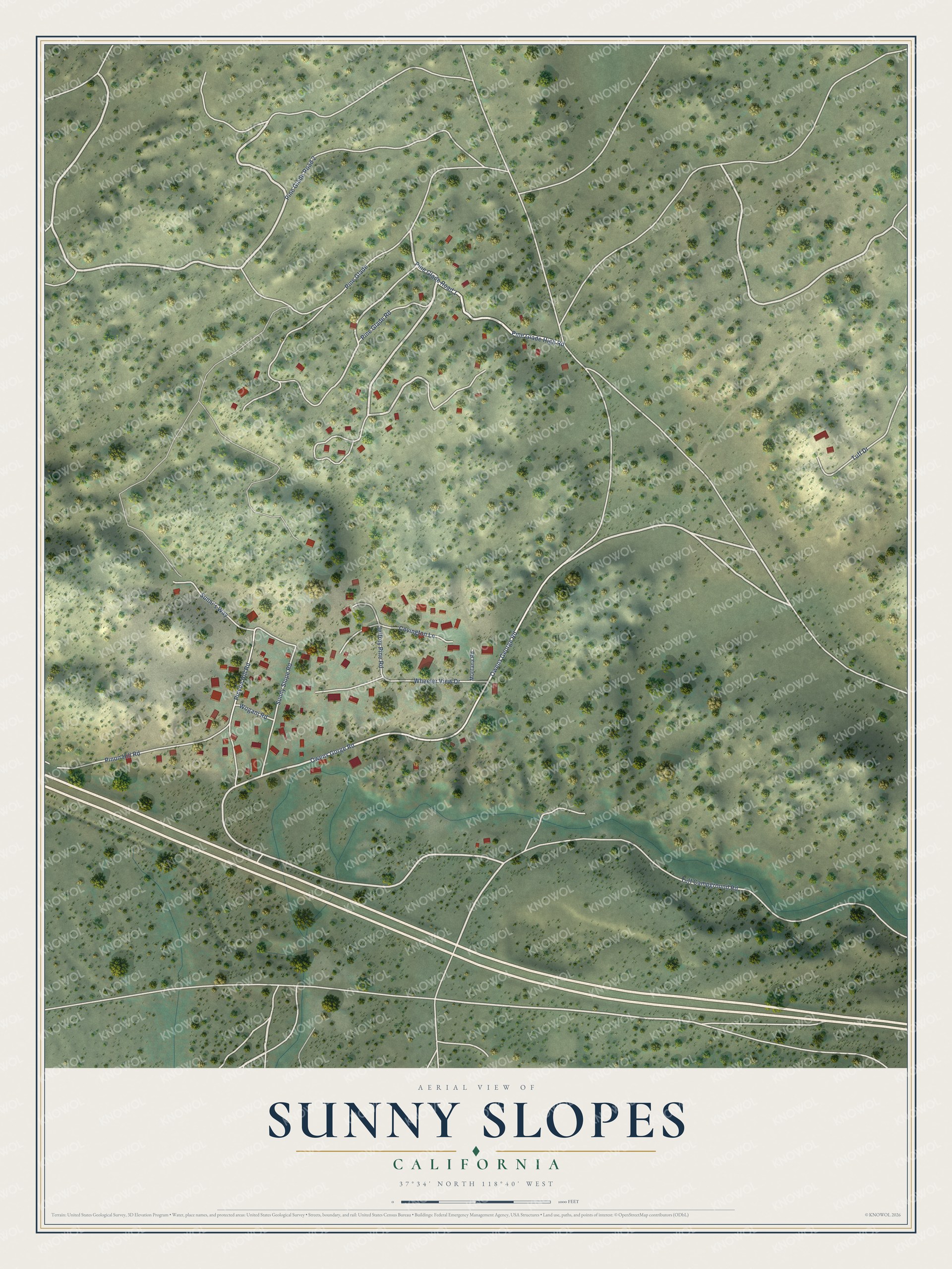 Full map of Sunny Slopes, California, with red buildings, printed street names and the land around them