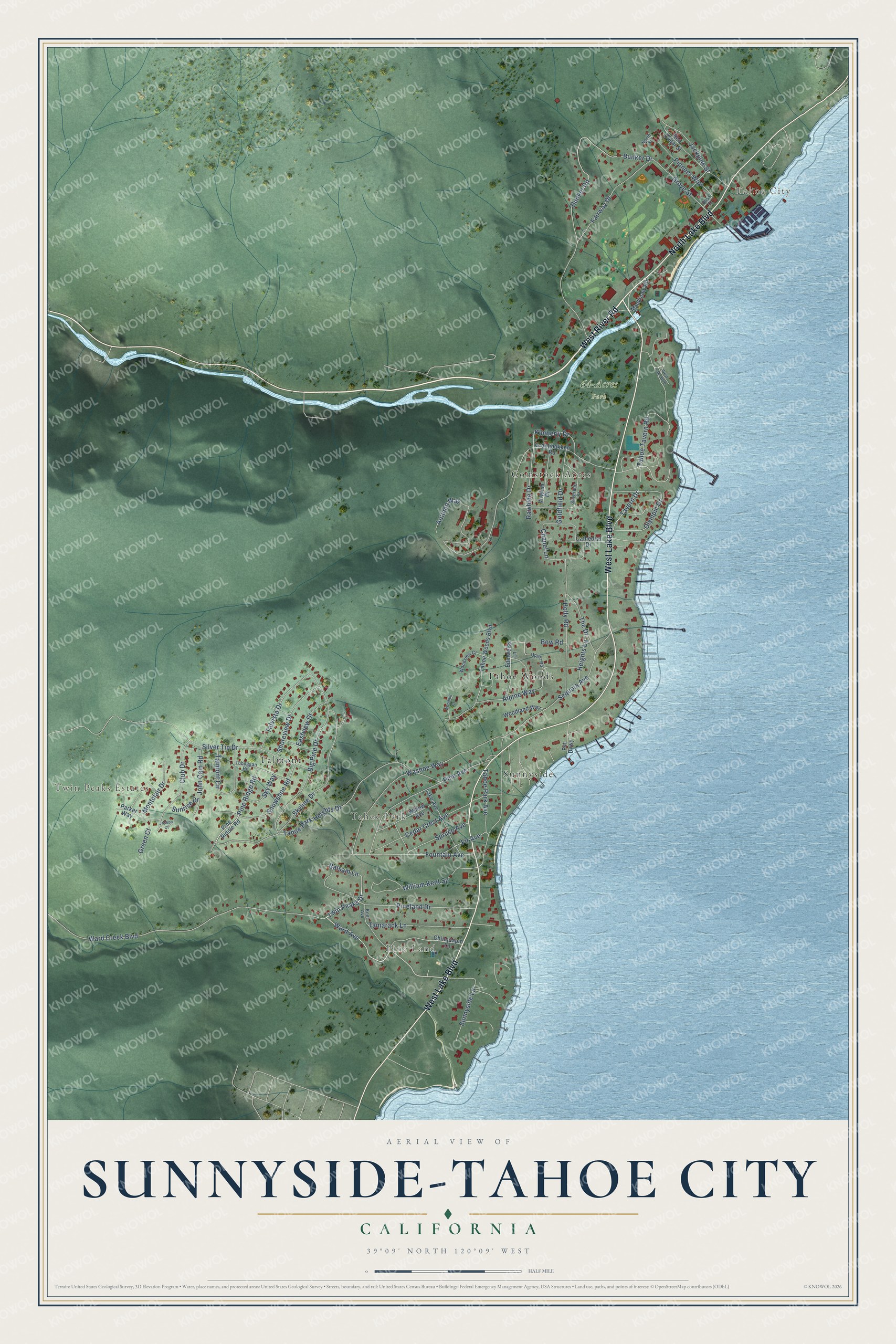 Full map of Sunnyside-Tahoe City, California, with red buildings, printed street names and the land around them
