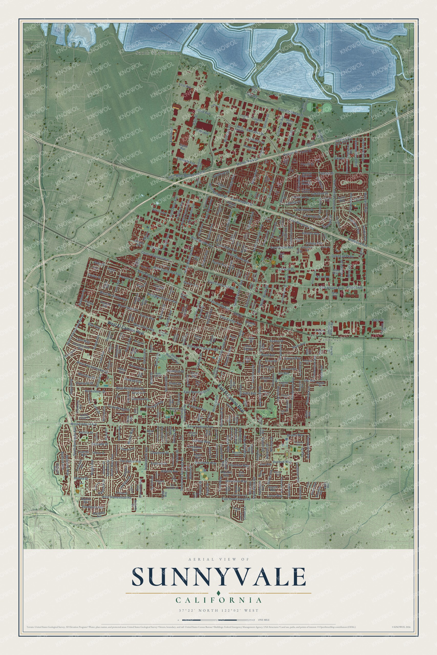 Full map of Sunnyvale, California, with red buildings, printed street names and the land around them