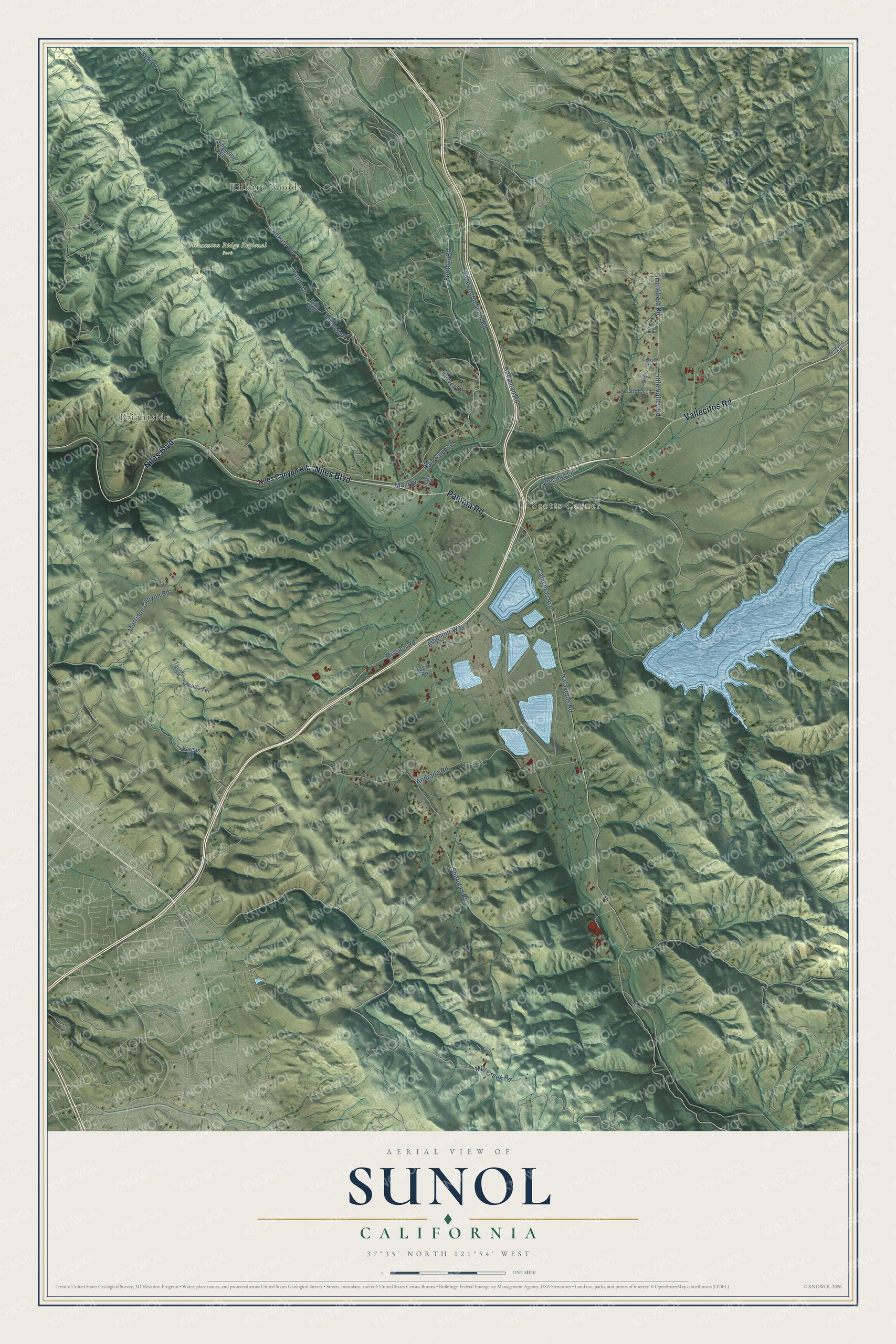 Full map of Sunol, California, with red buildings, printed street names and the land around them