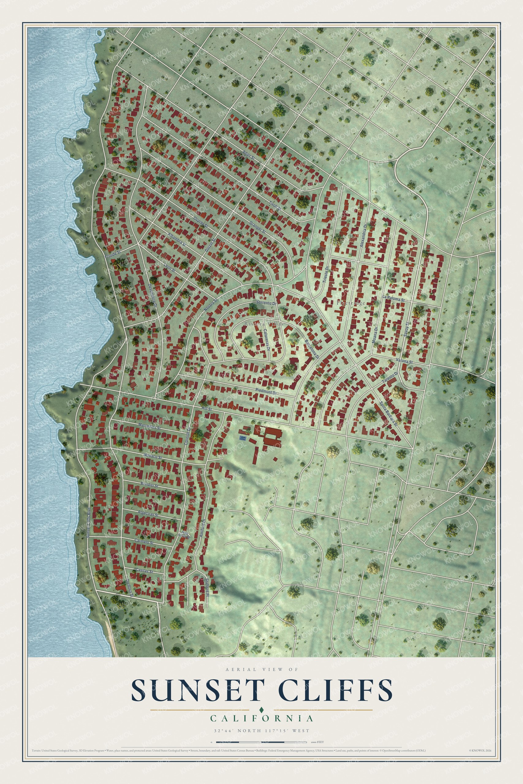 Full map of Sunset Cliffs, California, with red buildings, printed street names and the land around them