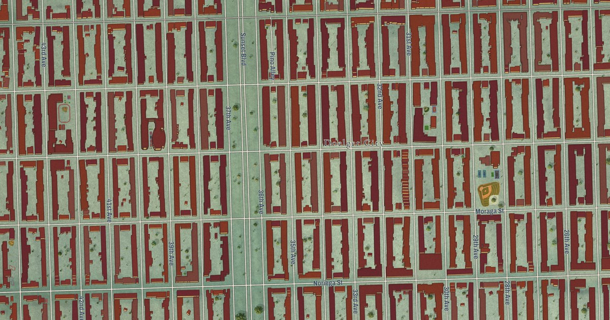 Close-up of streets and buildings in Sunset District, California