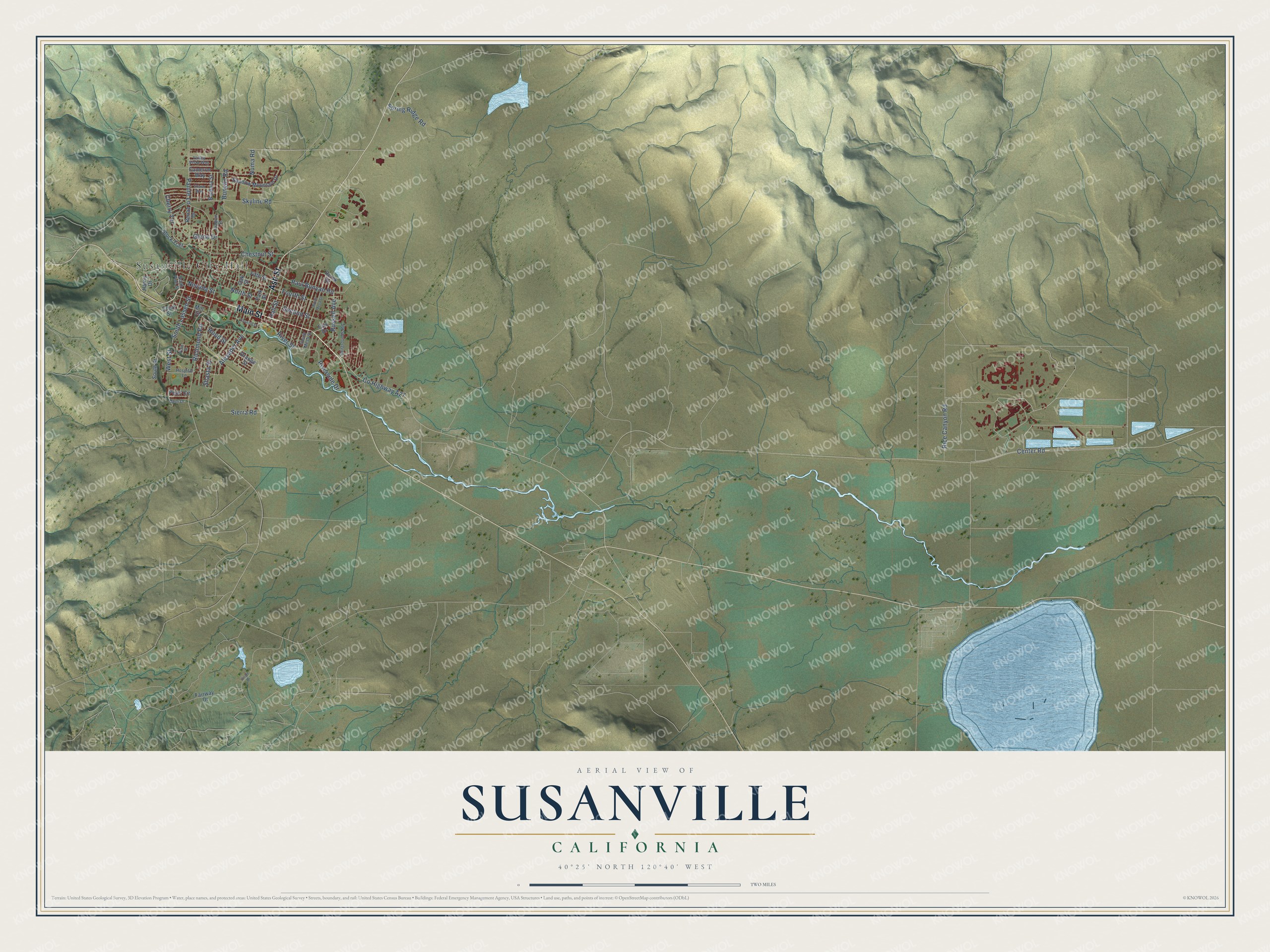 Full map of Susanville, California, with red buildings, printed street names and the land around them