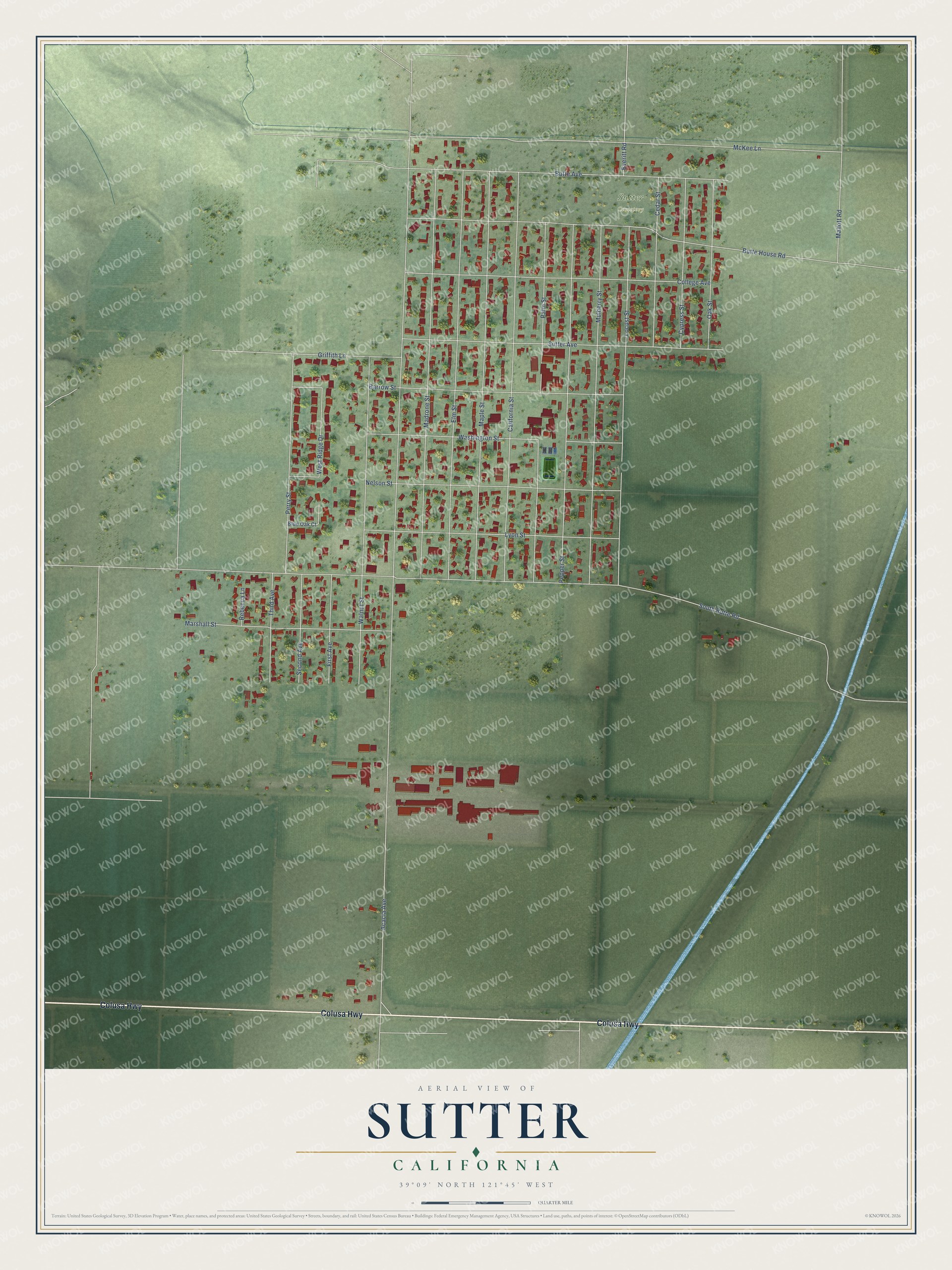 Full map of Sutter, California, with red buildings, printed street names and the land around them