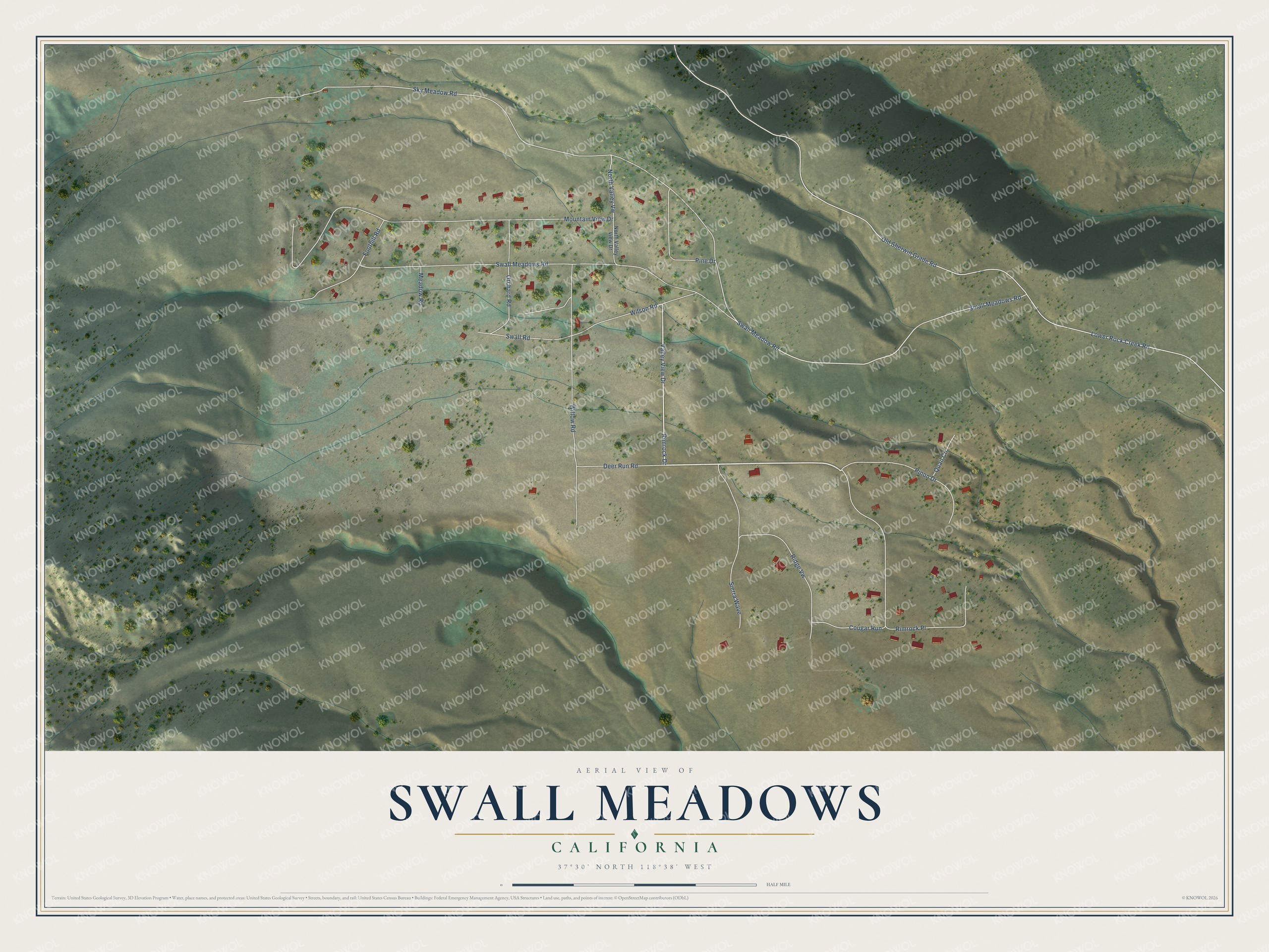 Full map of Swall Meadows, California, with red buildings, printed street names and the land around them