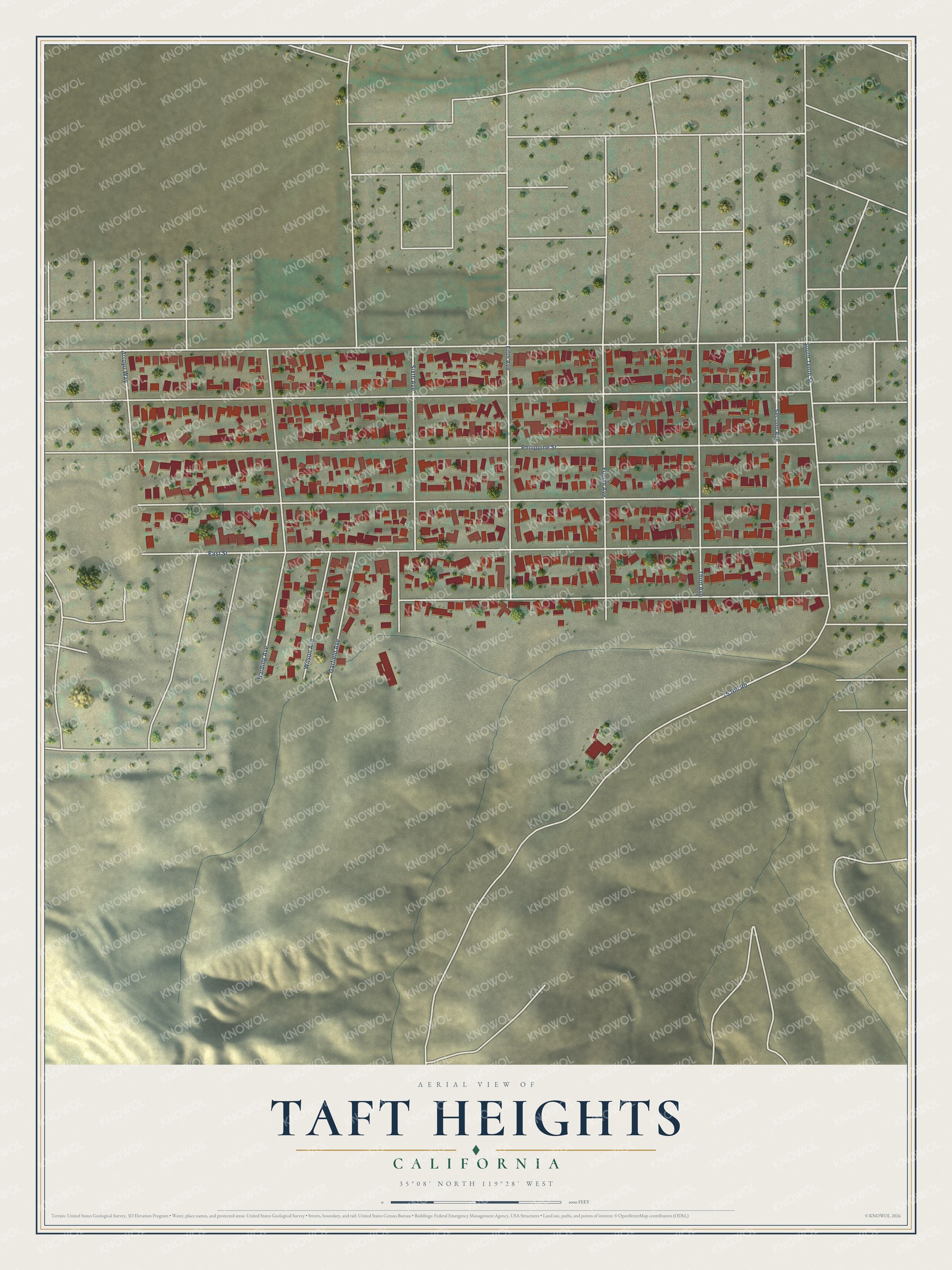 Full map of Taft Heights, California, with red buildings, printed street names and the land around them