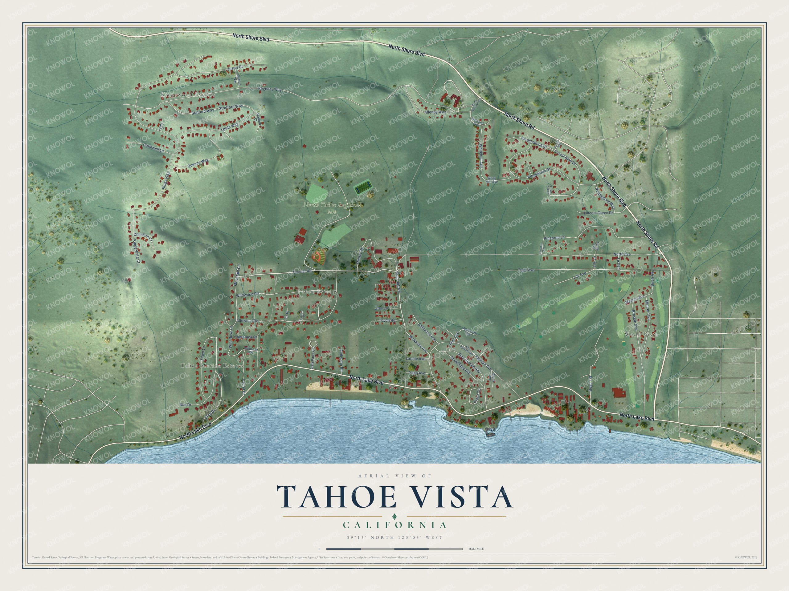 Full map of Tahoe Vista, California, with red buildings, printed street names and the land around them