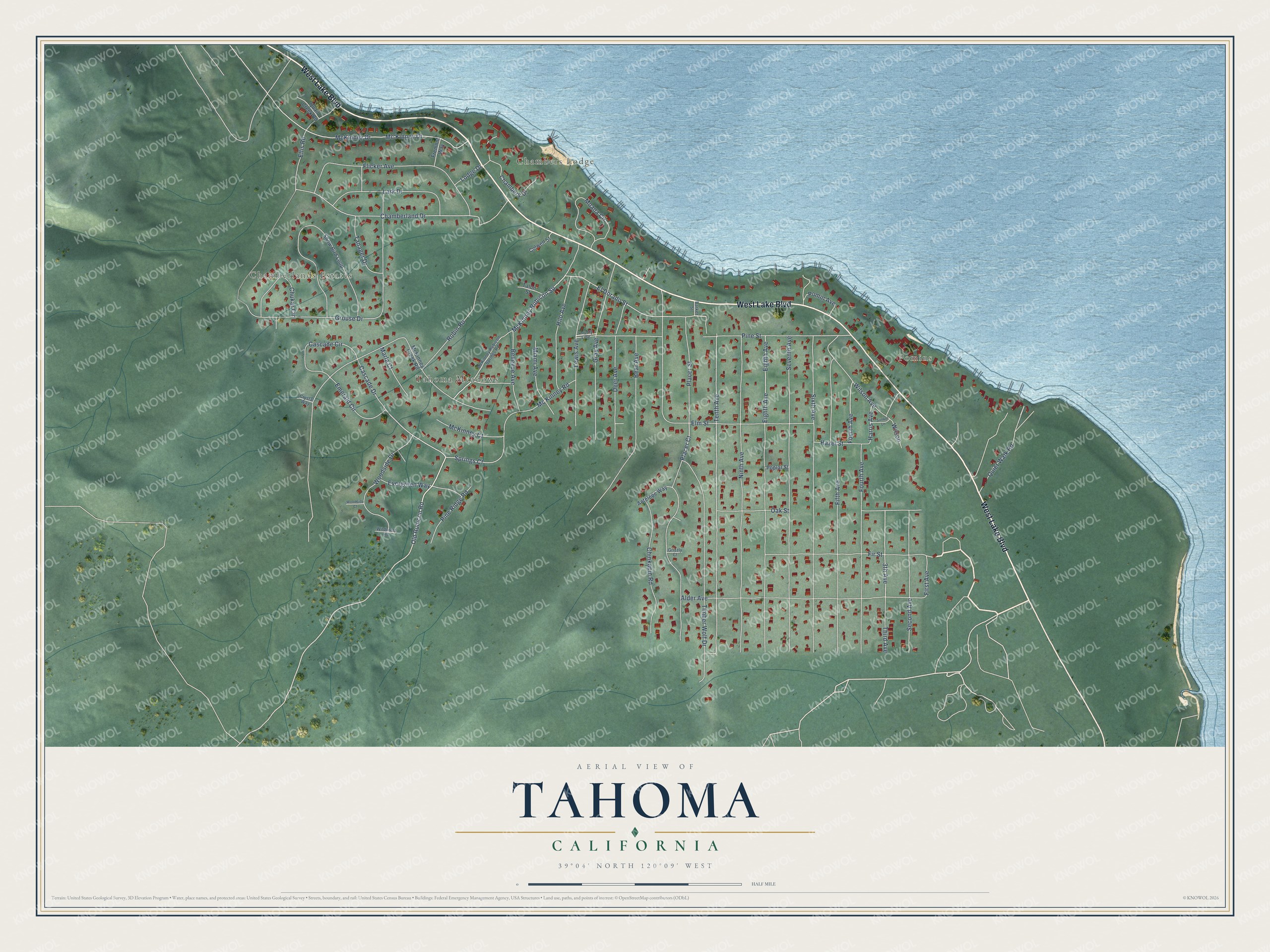 Full map of Tahoma, California, with red buildings, printed street names and the land around them