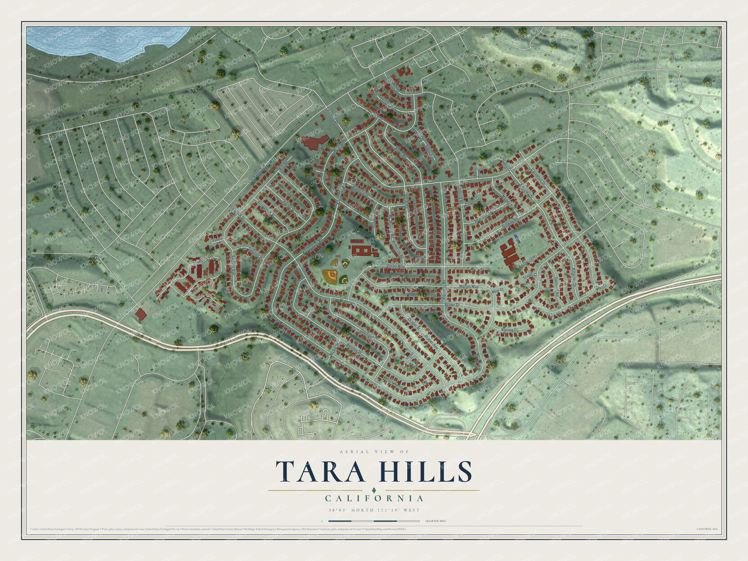 Full map of Tara Hills, California, with red buildings, printed street names and the land around them