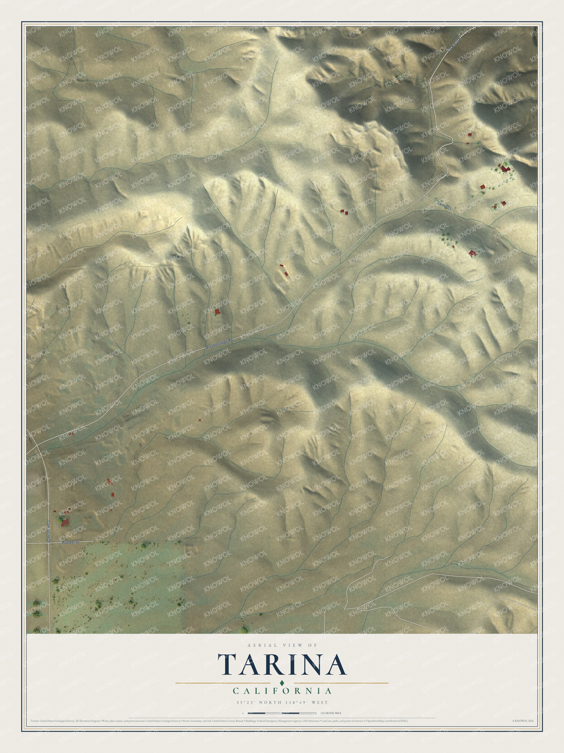 Full map of Tarina, California, with red buildings, printed street names and the land around them