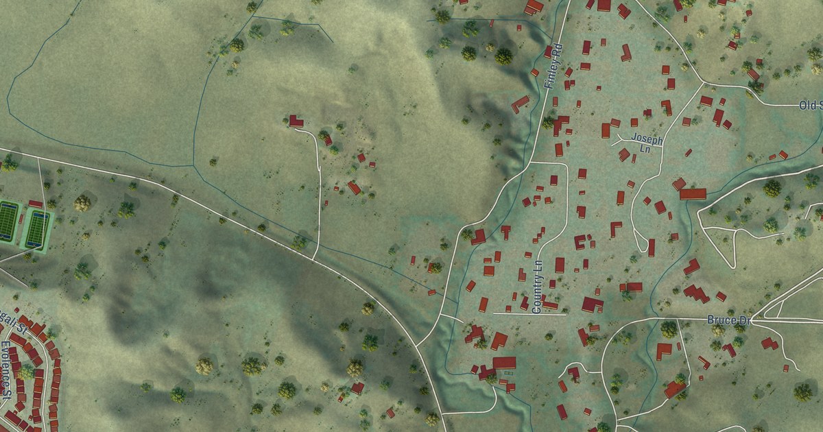Close-up of streets and buildings in Tassajara, California