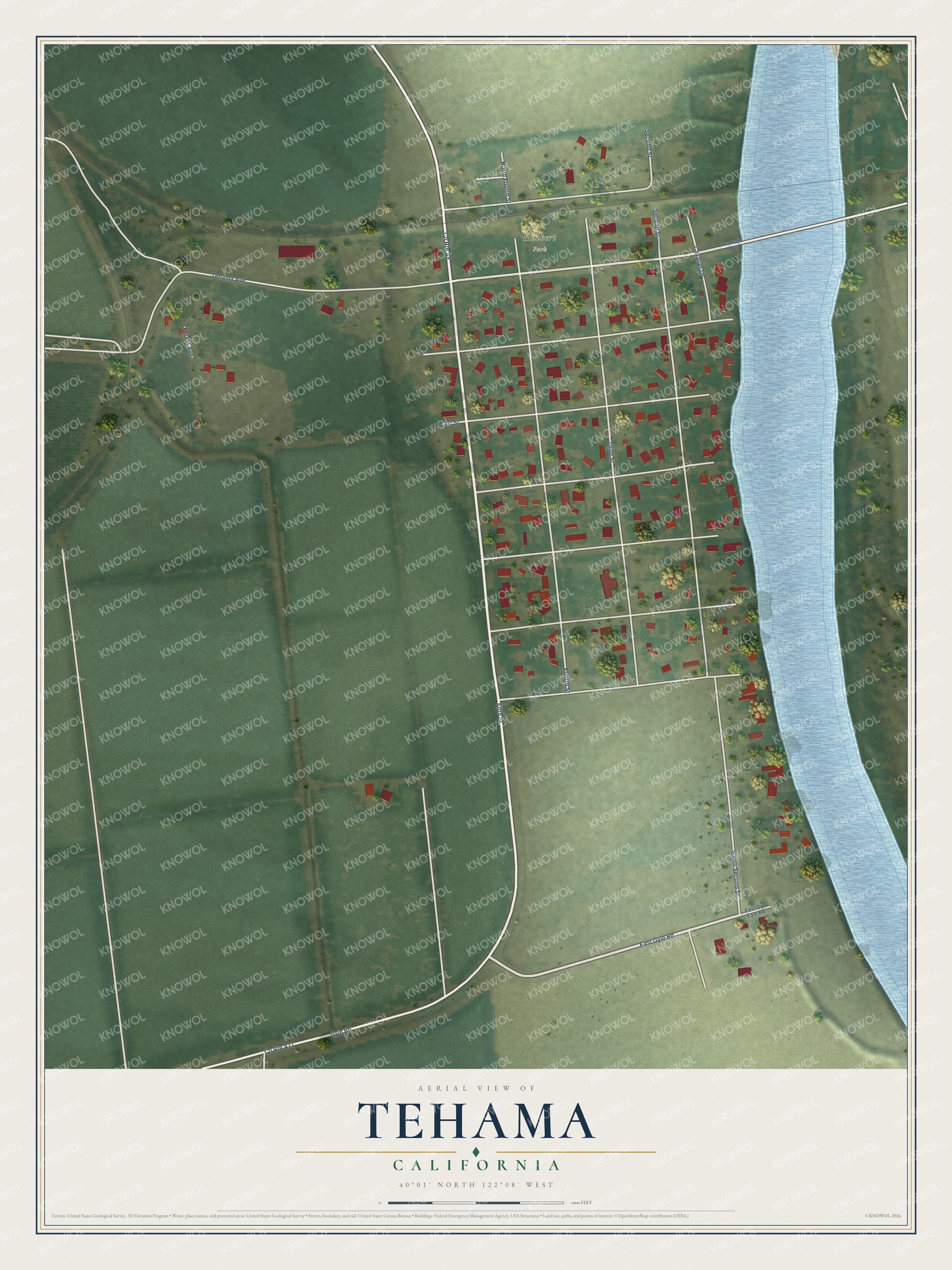 Full map of Tehama, California, with red buildings, printed street names and the land around them