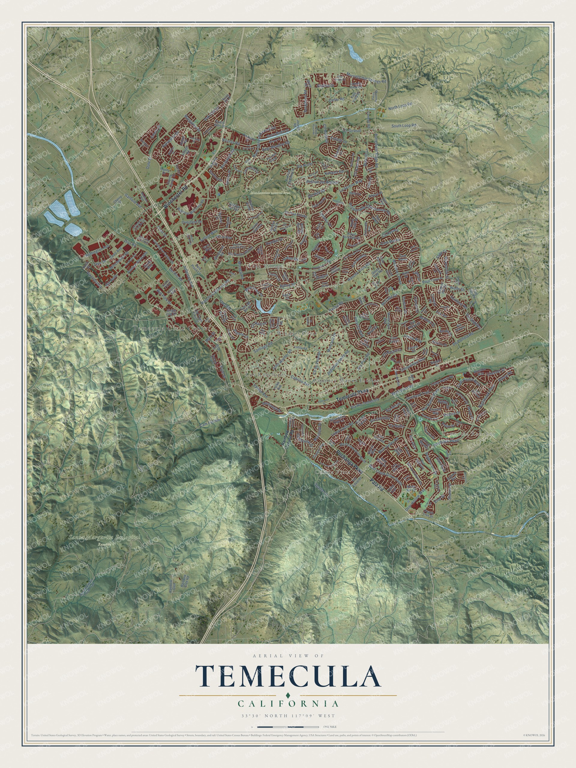 Full map of Temecula, California, with red buildings, printed street names and the land around them