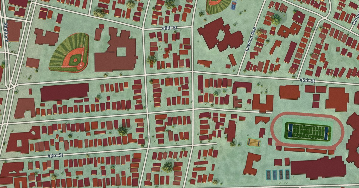 Close-up of streets and buildings in Temescal, California