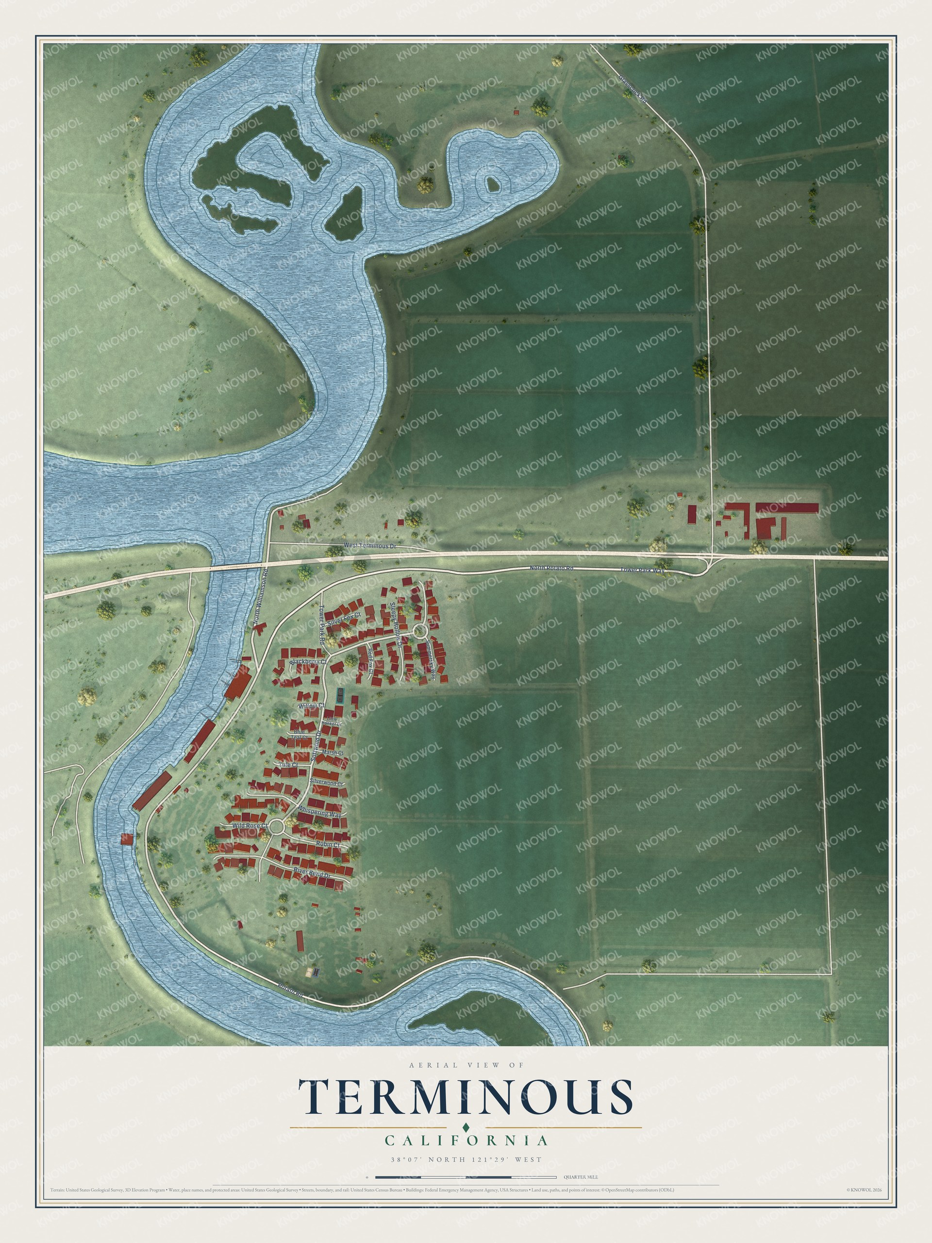 Full map of Terminous, California, with red buildings, printed street names and the land around them