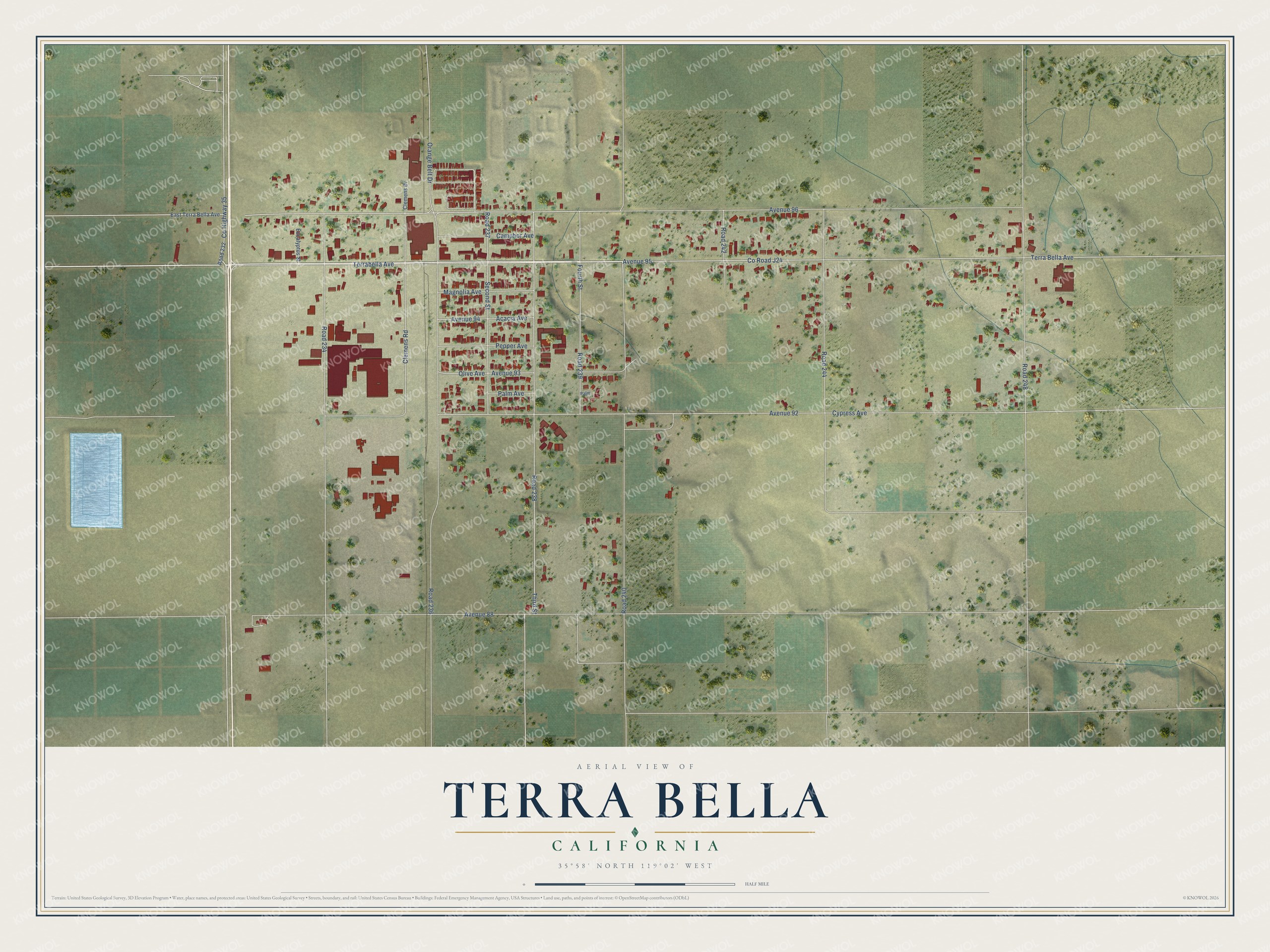 Full map of Terra Bella, California, with red buildings, printed street names and the land around them