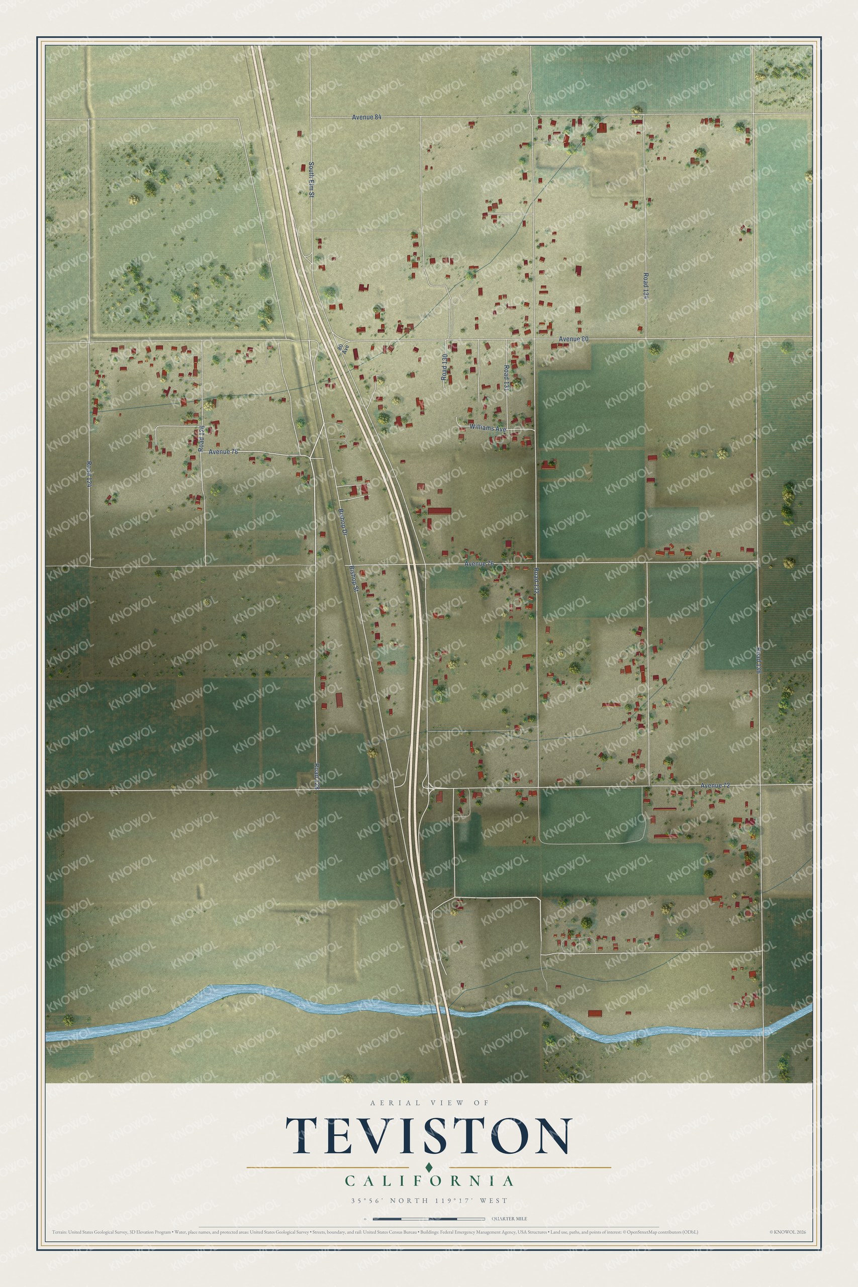 Full map of Teviston, California, with red buildings, printed street names and the land around them