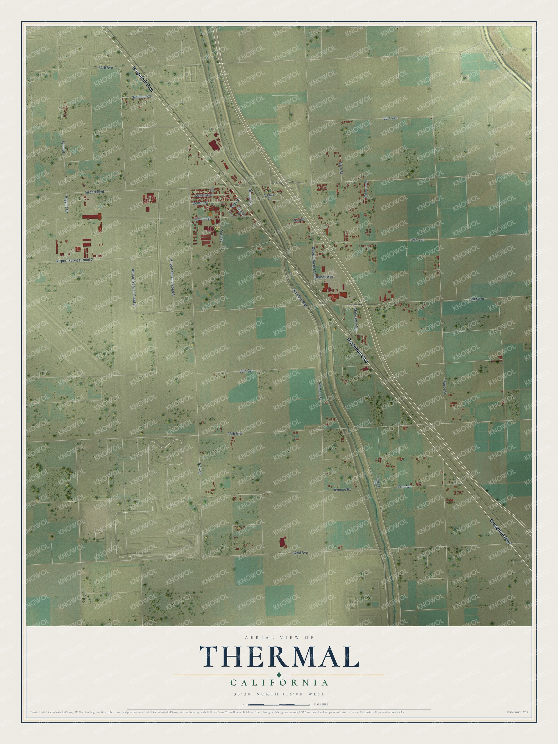 Full map of Thermal, California, with red buildings, printed street names and the land around them