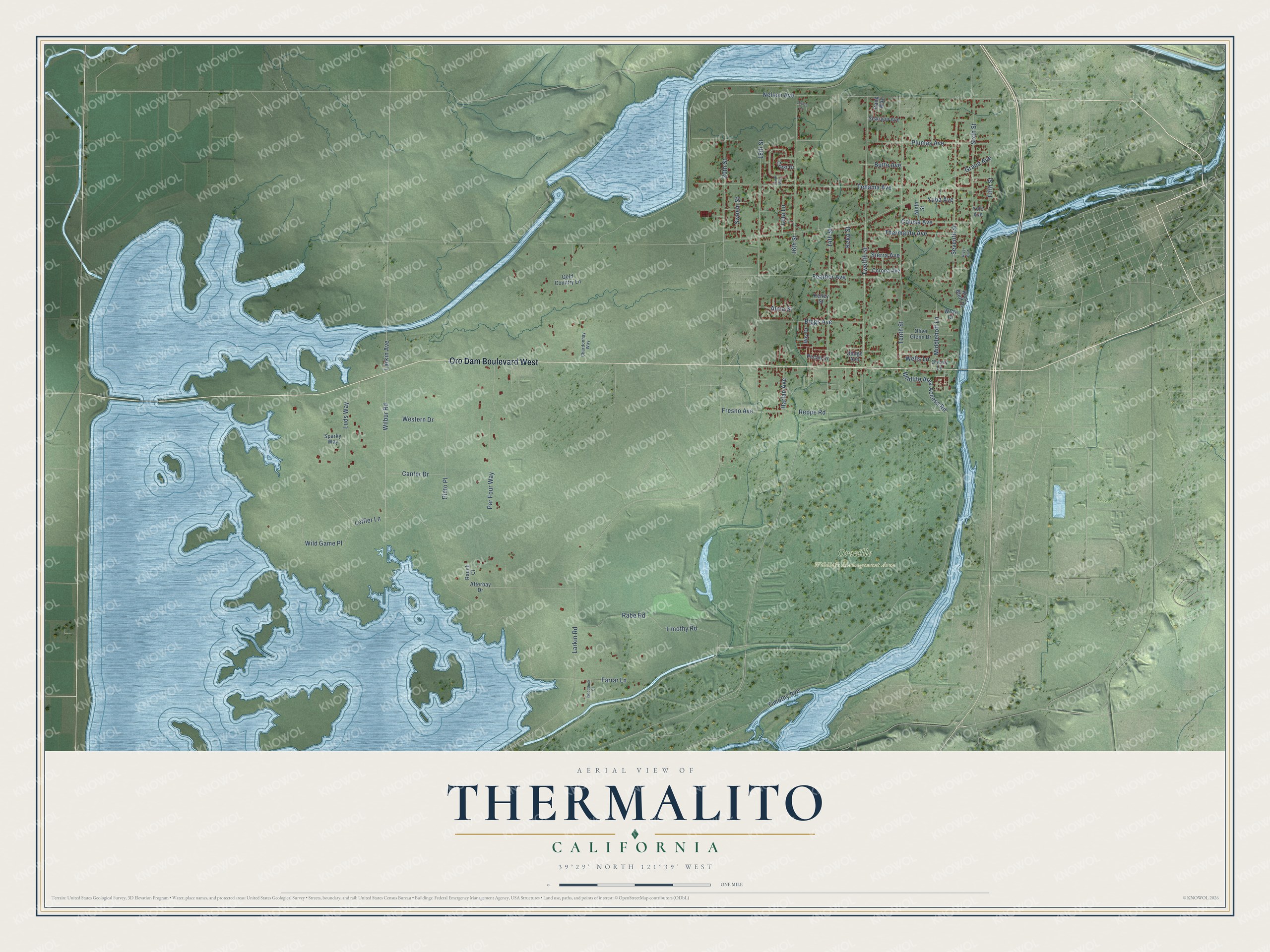 Full map of Thermalito, California, with red buildings, printed street names and the land around them