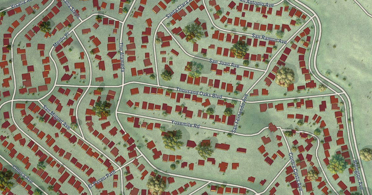 Close-up of streets and buildings in Thousand Oaks, Berkeley, California