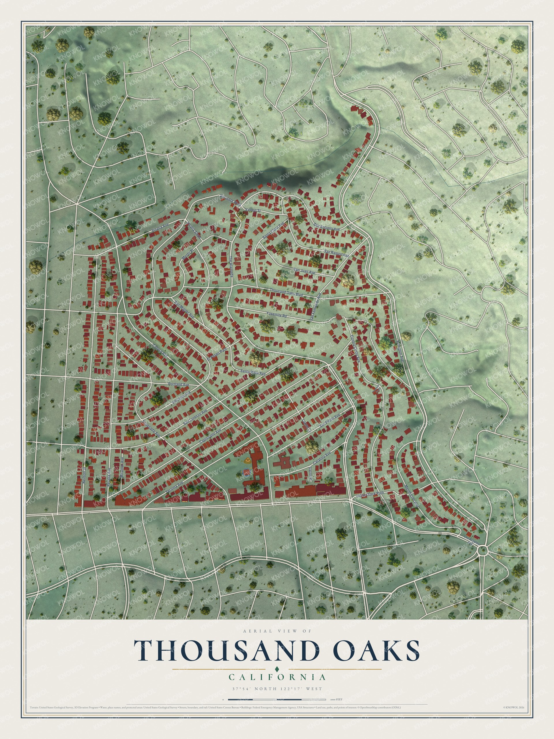 Full map of Thousand Oaks, California, with red buildings, printed street names and the land around them
