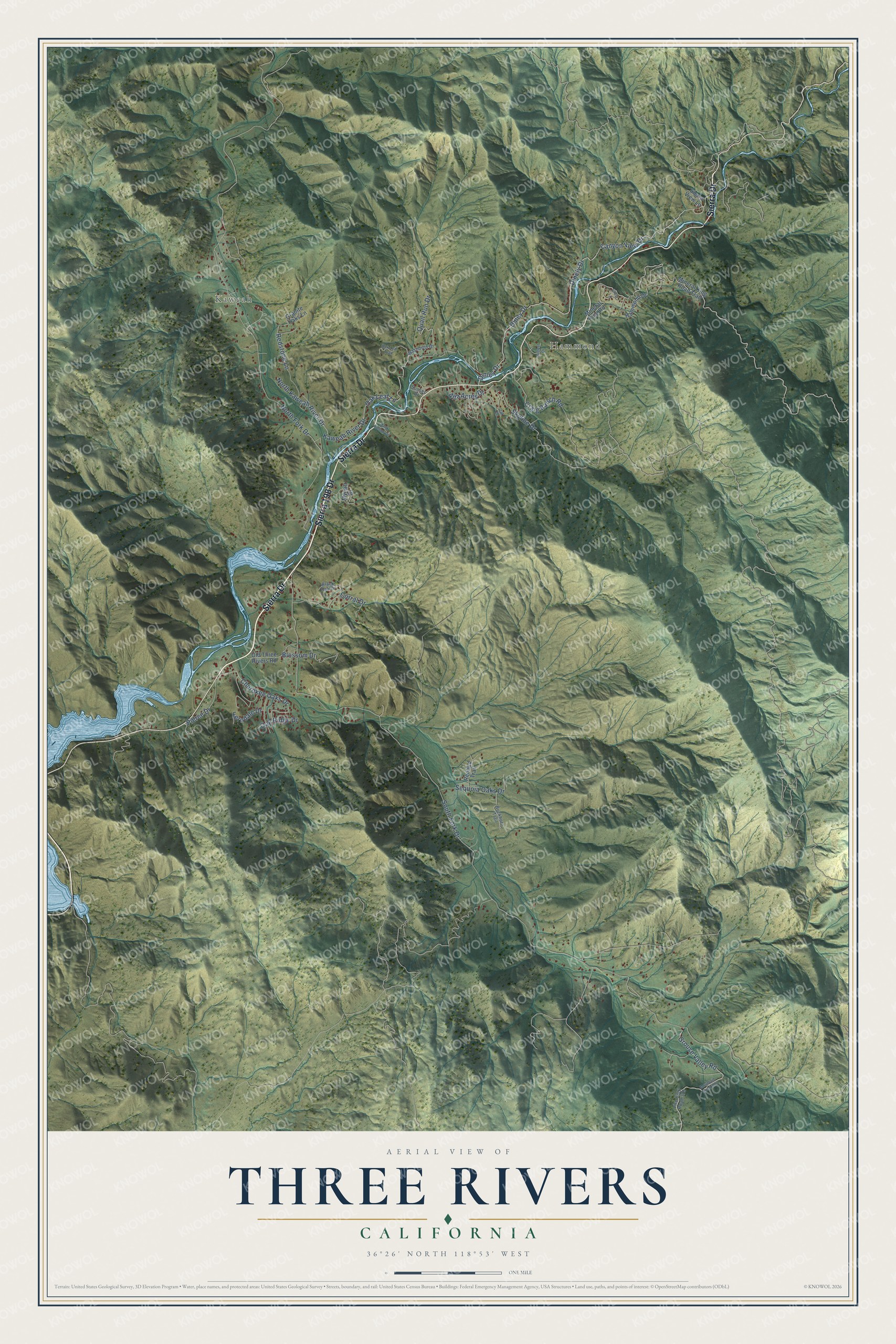 Watermarked full-map preview of Three Rivers, California