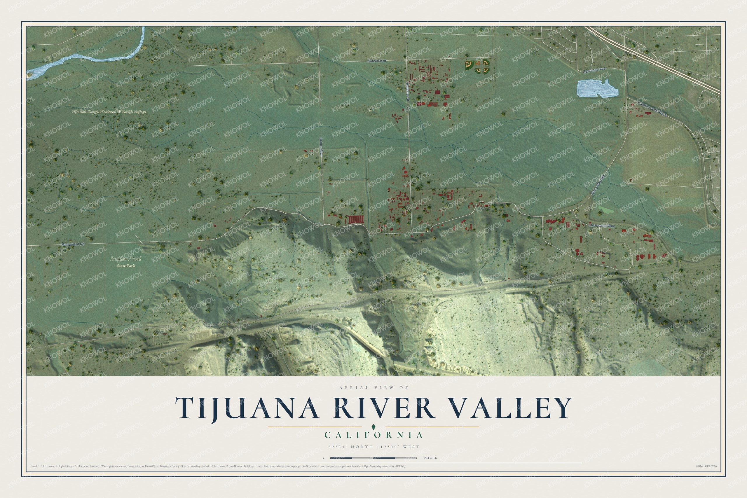 Full map of Tijuana River Valley, California, with red buildings, printed street names and the land around them