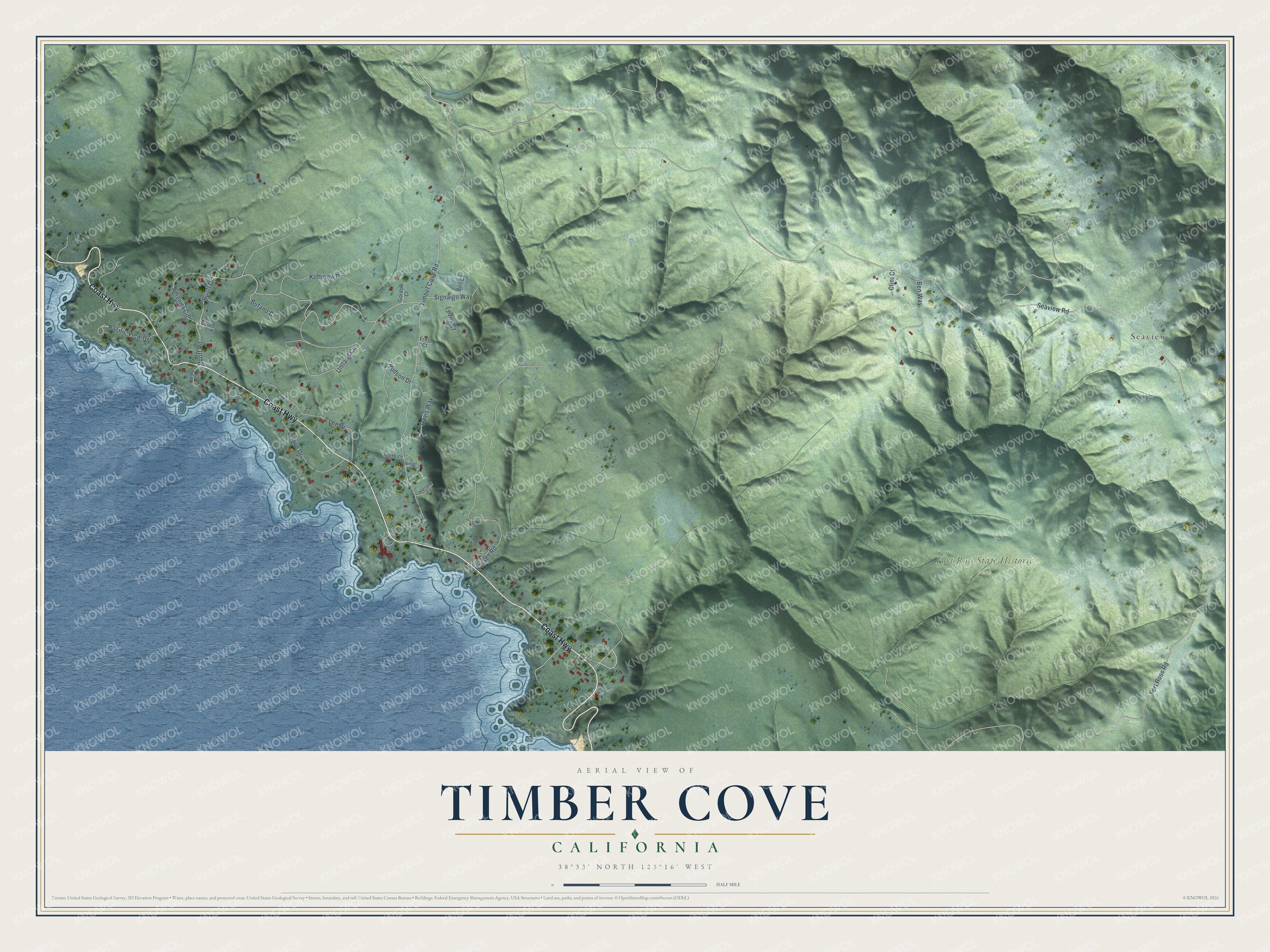 Full map of Timber Cove, California, with red buildings, printed street names and the land around them