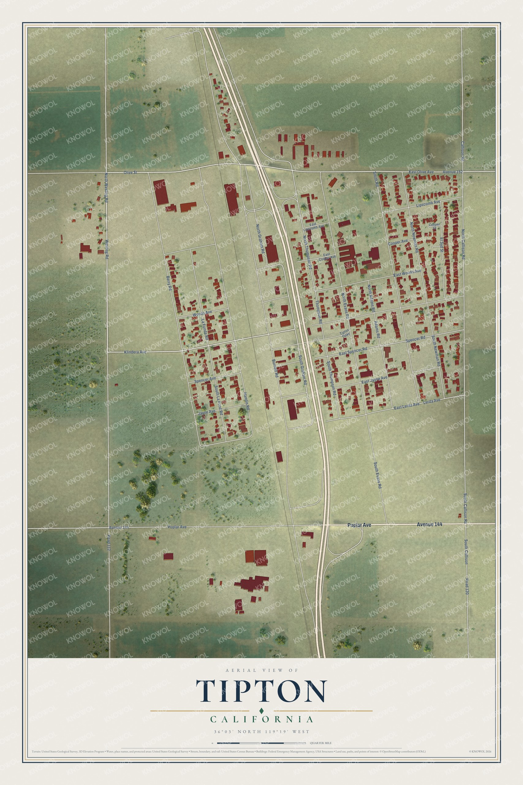 Full map of Tipton, California, with red buildings, printed street names and the land around them