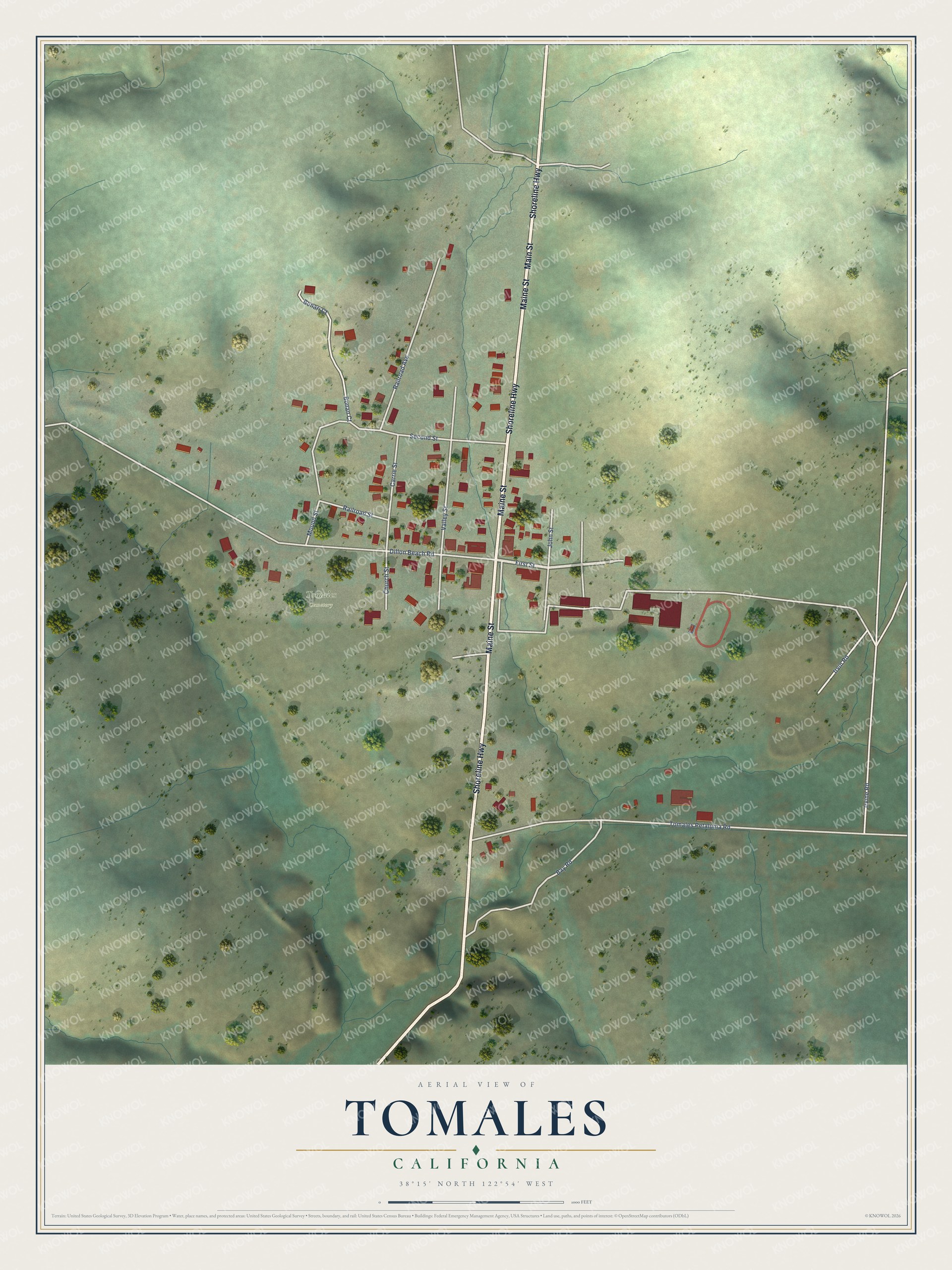 Full map of Tomales, California, with red buildings, printed street names and the land around them