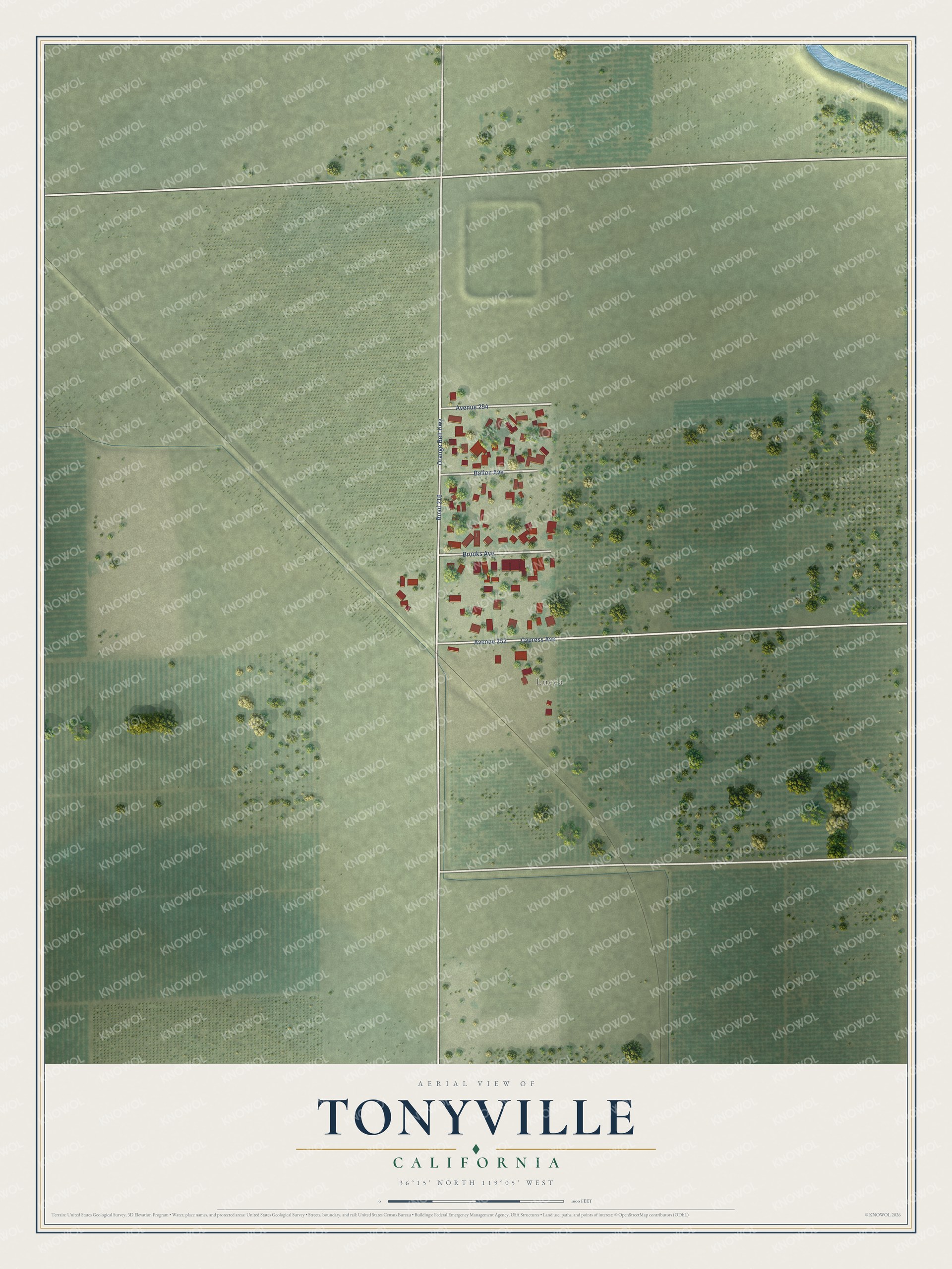 Full map of Tonyville, California, with red buildings, printed street names and the land around them