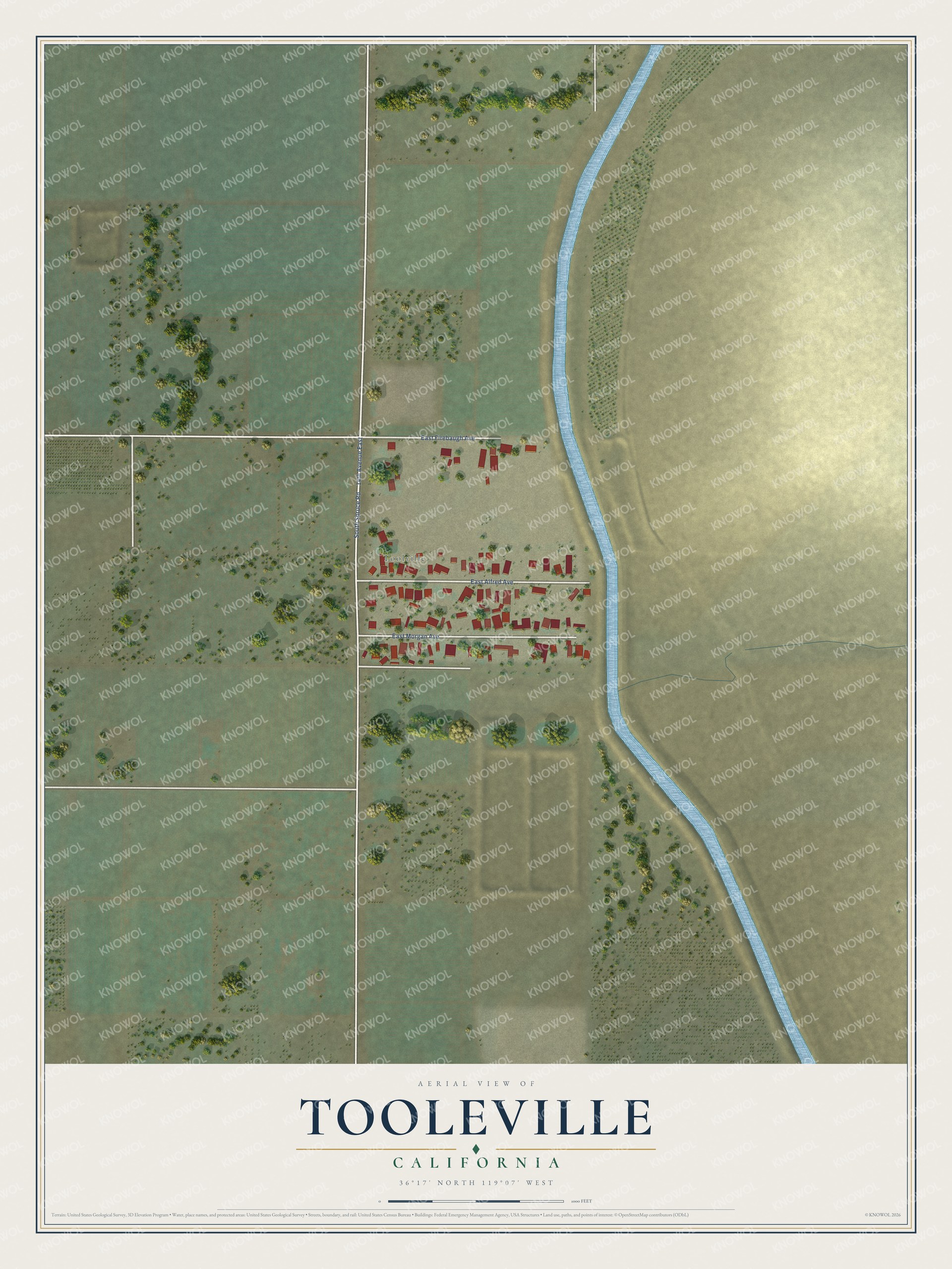 Full map of Tooleville, California, with red buildings, printed street names and the land around them