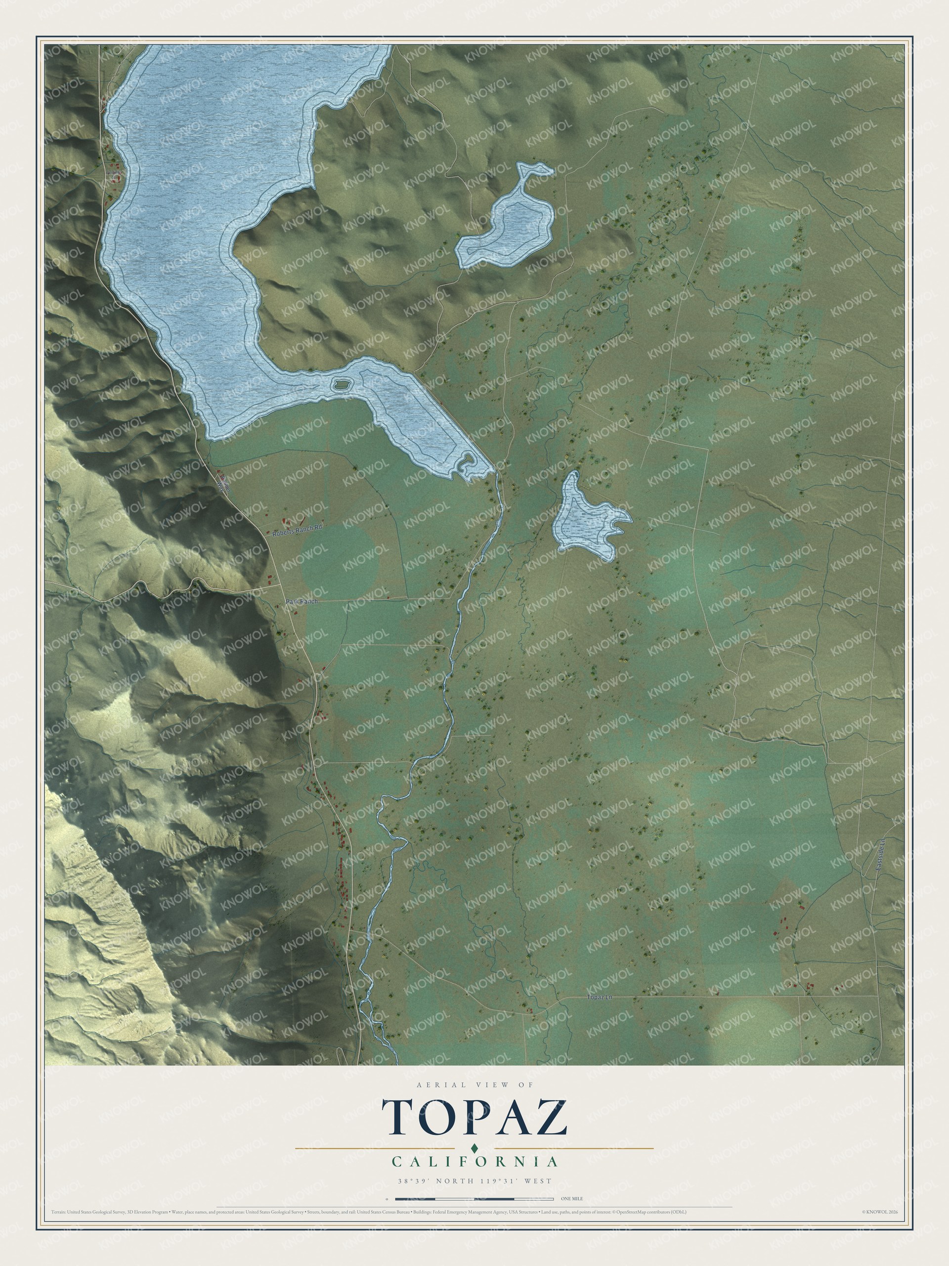 Full map of Topaz, California, with red buildings, printed street names and the land around them
