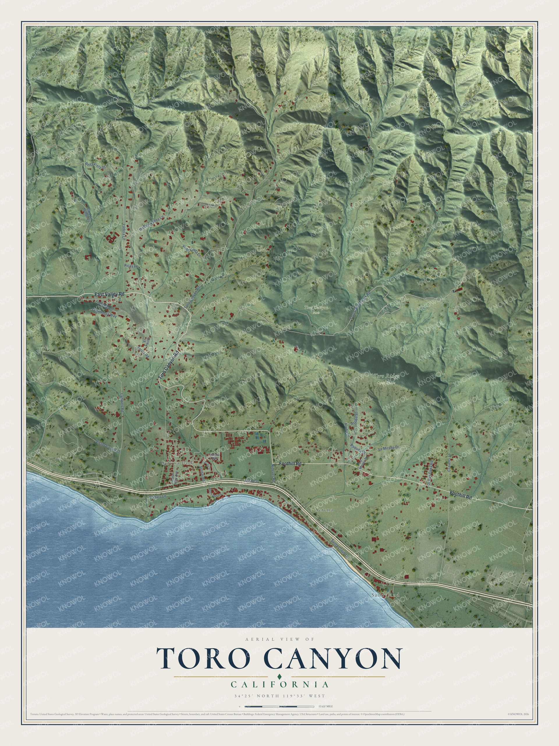 Full map of Toro Canyon, California, with red buildings, printed street names and the land around them