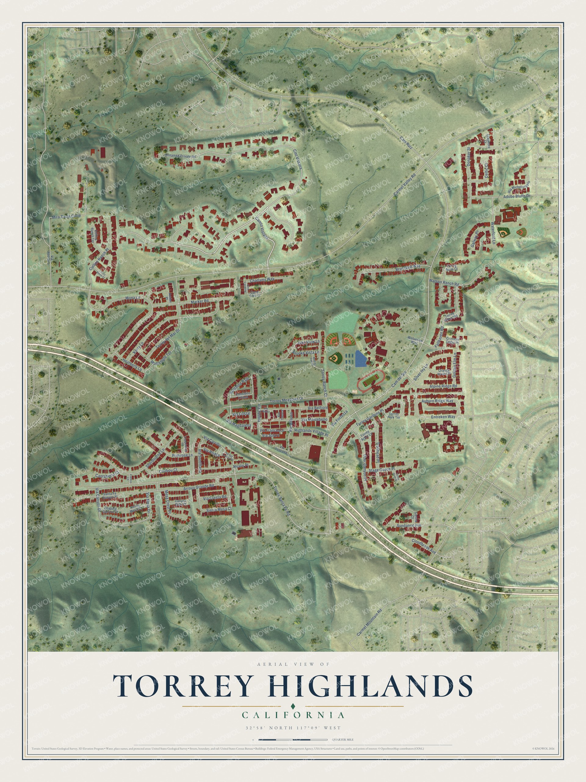 Full map of Torrey Highlands, California, with red buildings, printed street names and the land around them